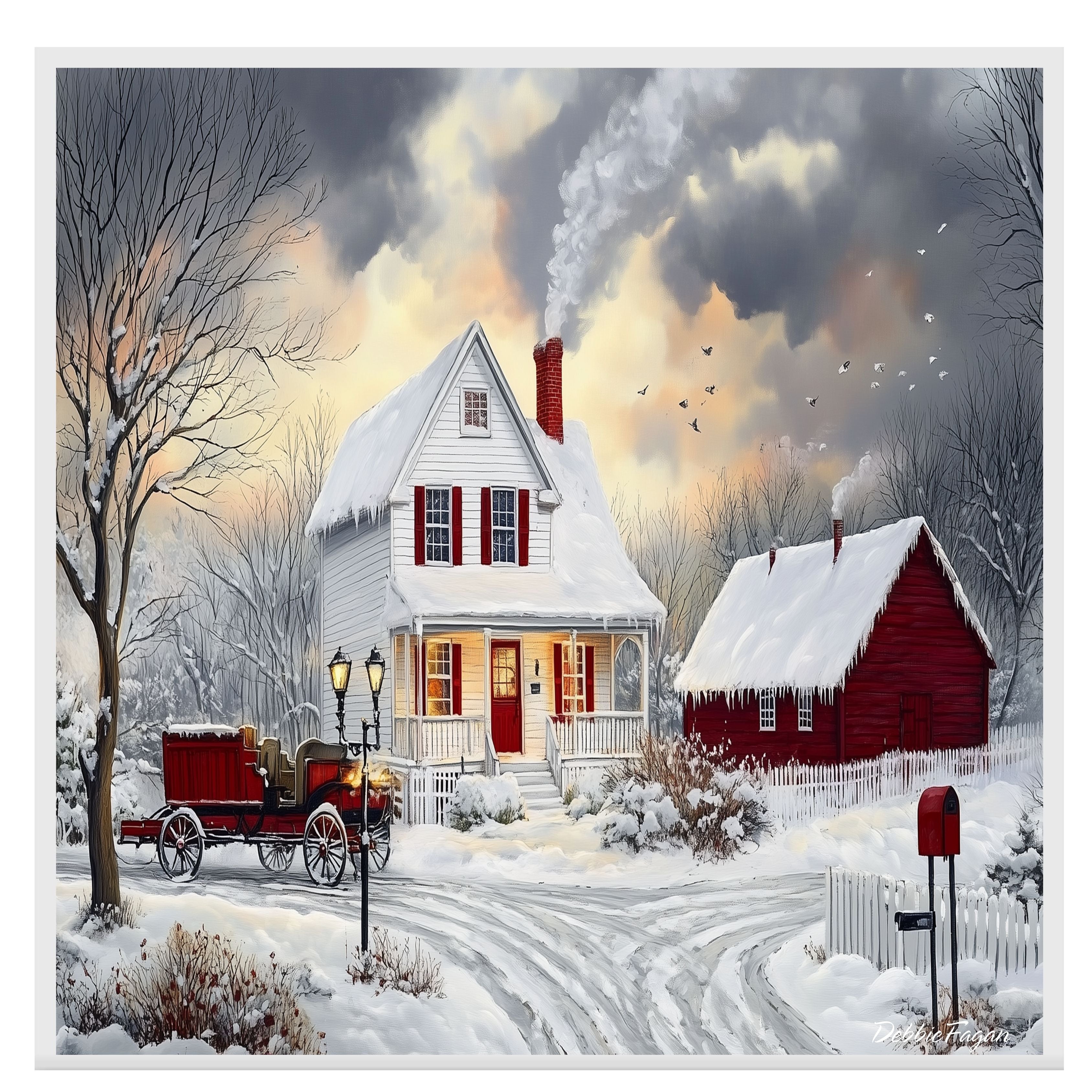 Winter Farmhouse – Cozy Snow-Covered Country Home with Red Barn and Sleigh Wall Art Print on Ready to Hang 1.5" Thick Canvas Wrap, Floating Framed Canvas, Flat Rolled Canvas