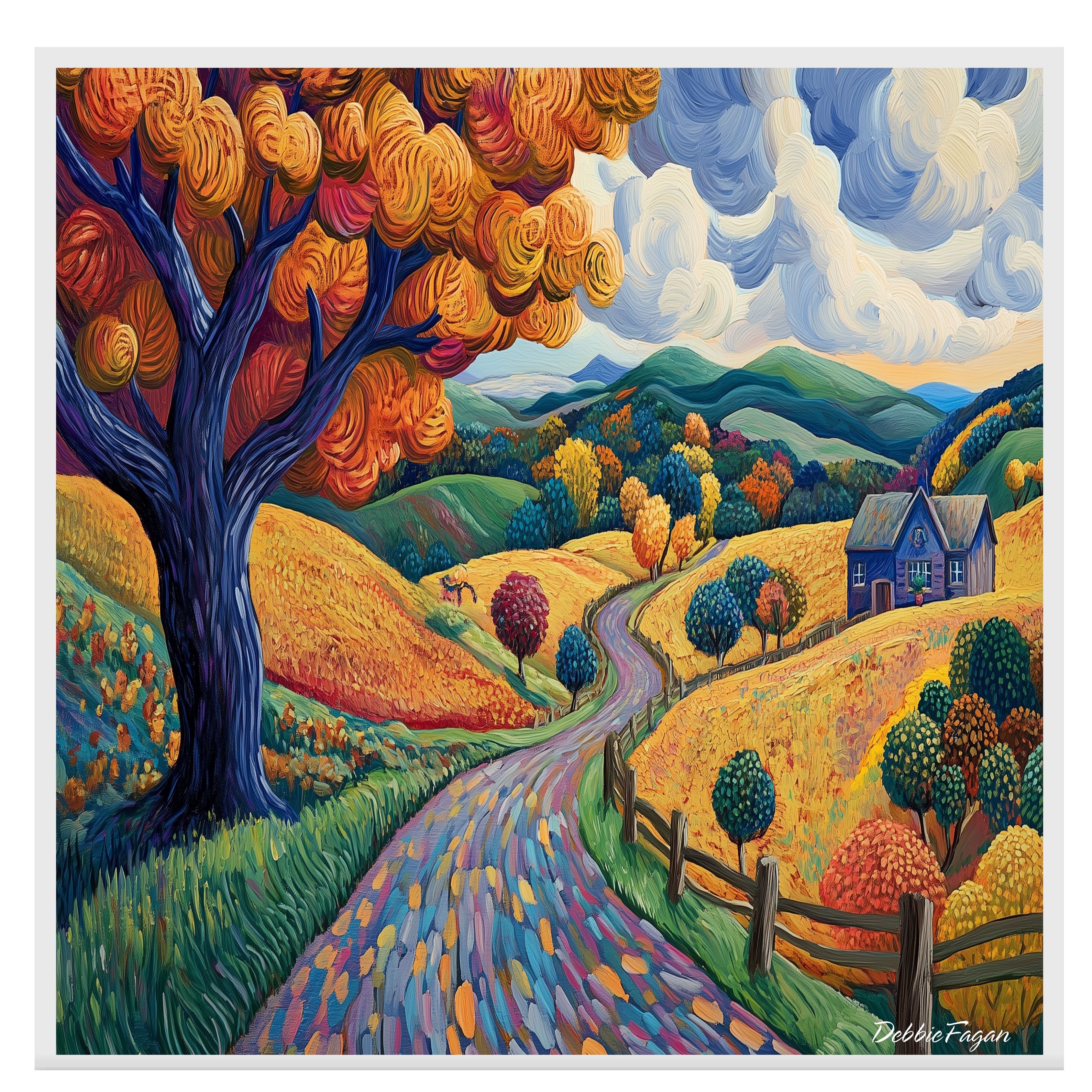 Colorful Autumn Road and Cottage – Impressionist Folk Art
