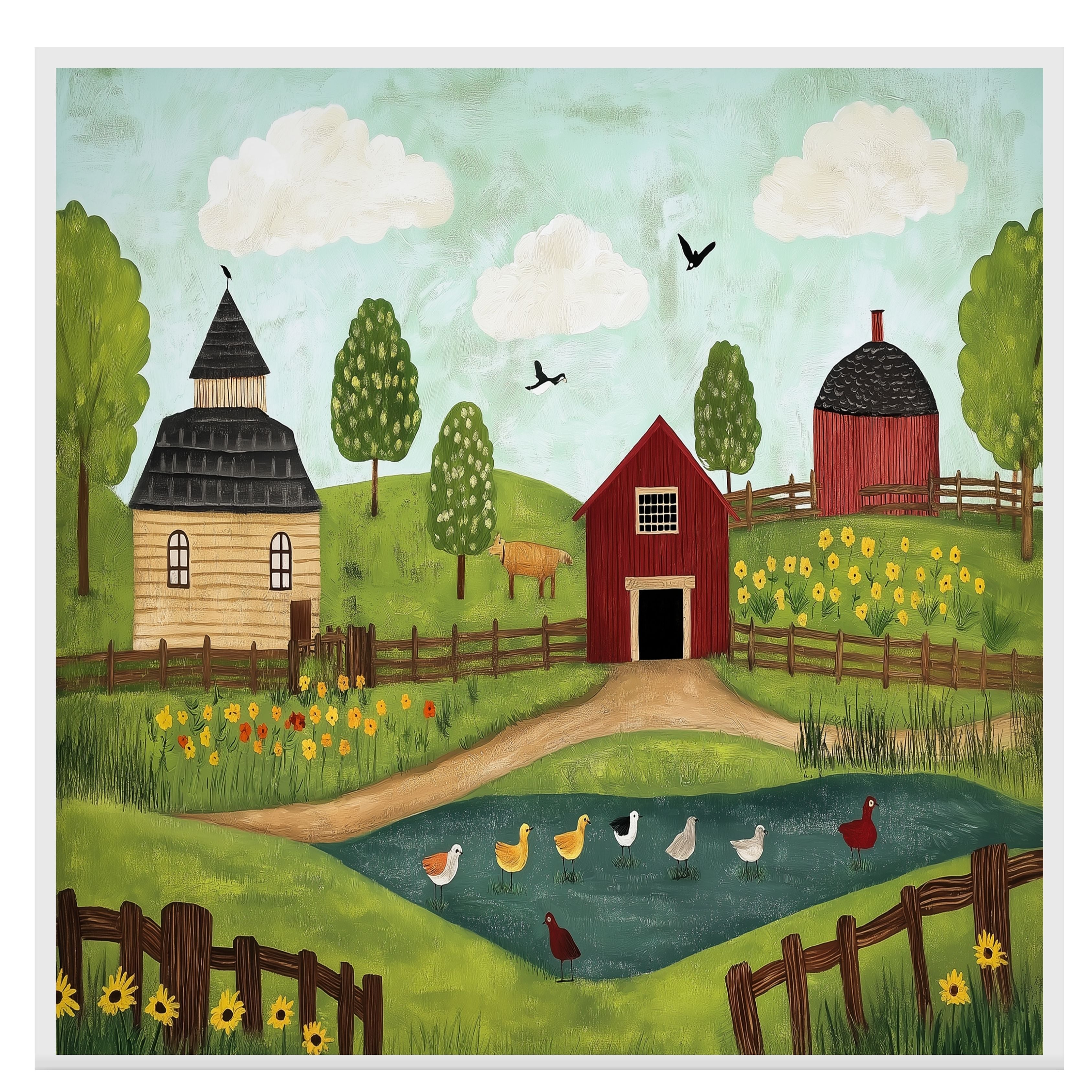 Whimsical Farm Folk Art Print with Red Barn Ducks and Flowers Hand Drawn Country Scene Illustration for Rustic Kitchen Wall Decor or Charming Gift Idea on Ready to Hang 1.5" Thick Canvas Wrap, Floating Framed Canvas, Flat Rolled Canvas