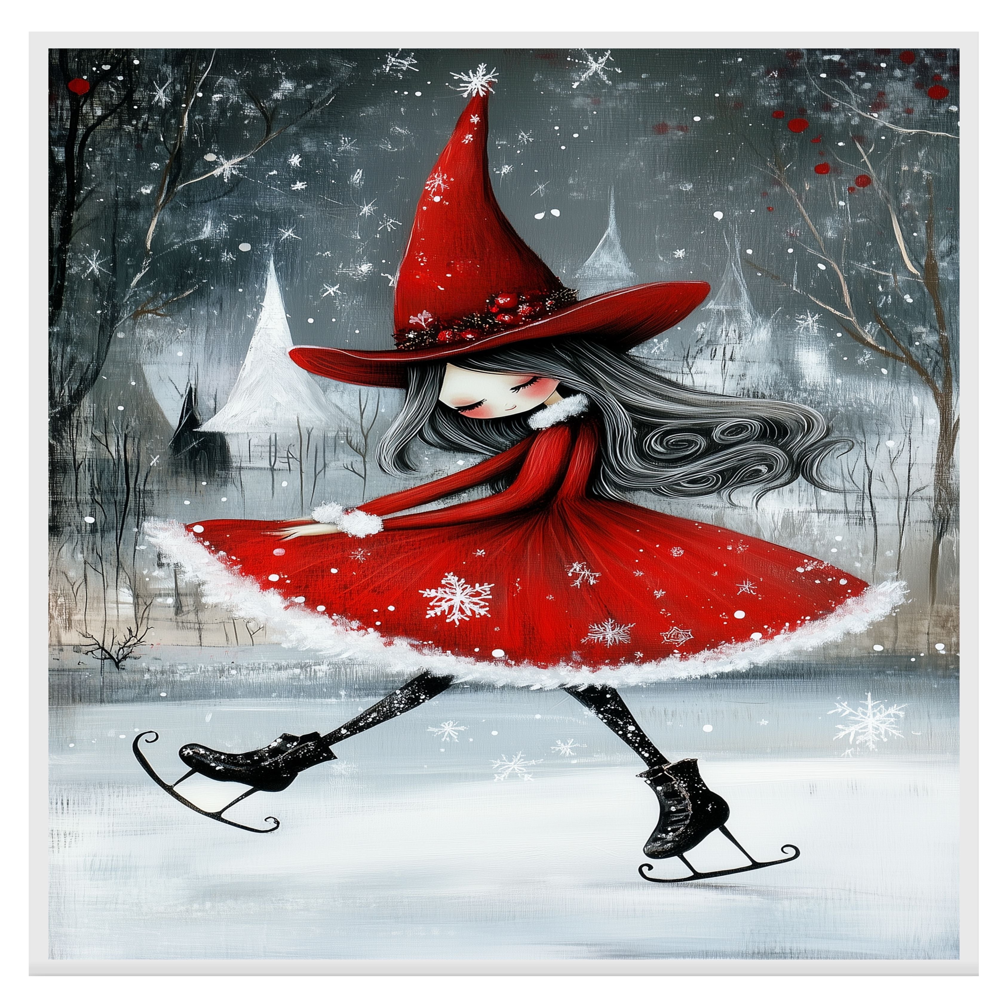 Whimsical Christmas Witch Ice Skating Art Print – Red Holiday Dress, Gothic Winter Magic Illustration, Enchanted Seasonal Wall Decor for Wiccan or Fairycore Vibes on Ready to Hang 1.5" Thick Canvas Wrap, Floating Framed Canvas, Flat Rolled Canvas