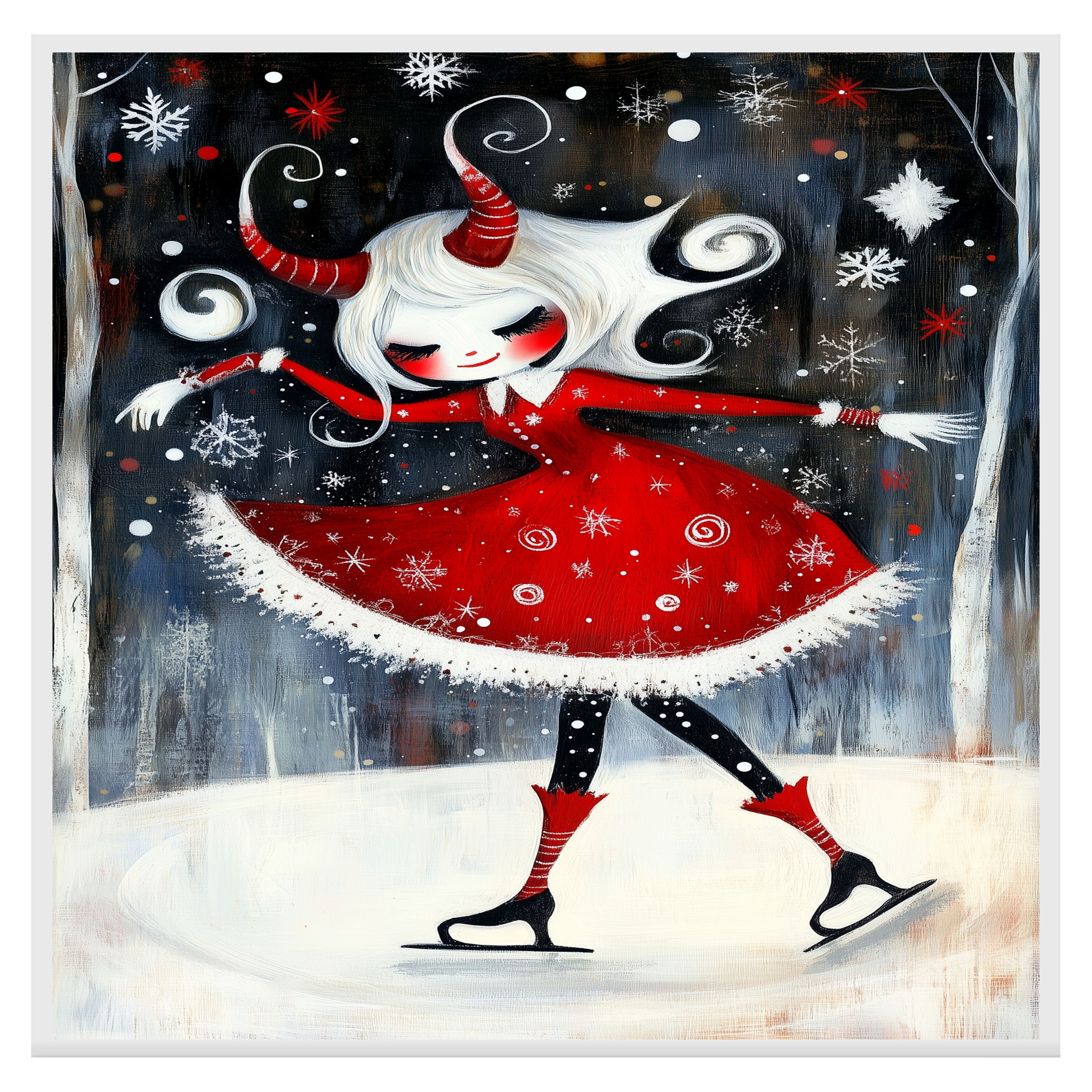 Whimsical Christmas Devil Girl Ice Skating in Red Winter Dress with White Hair and Twisted Horns Cute Fantasy Holiday Art Print or Canvas for Gothic Decor on Ready to Hang 1.5" Thick Canvas Wrap, Floating Framed Canvas, Flat Rolled Canvas