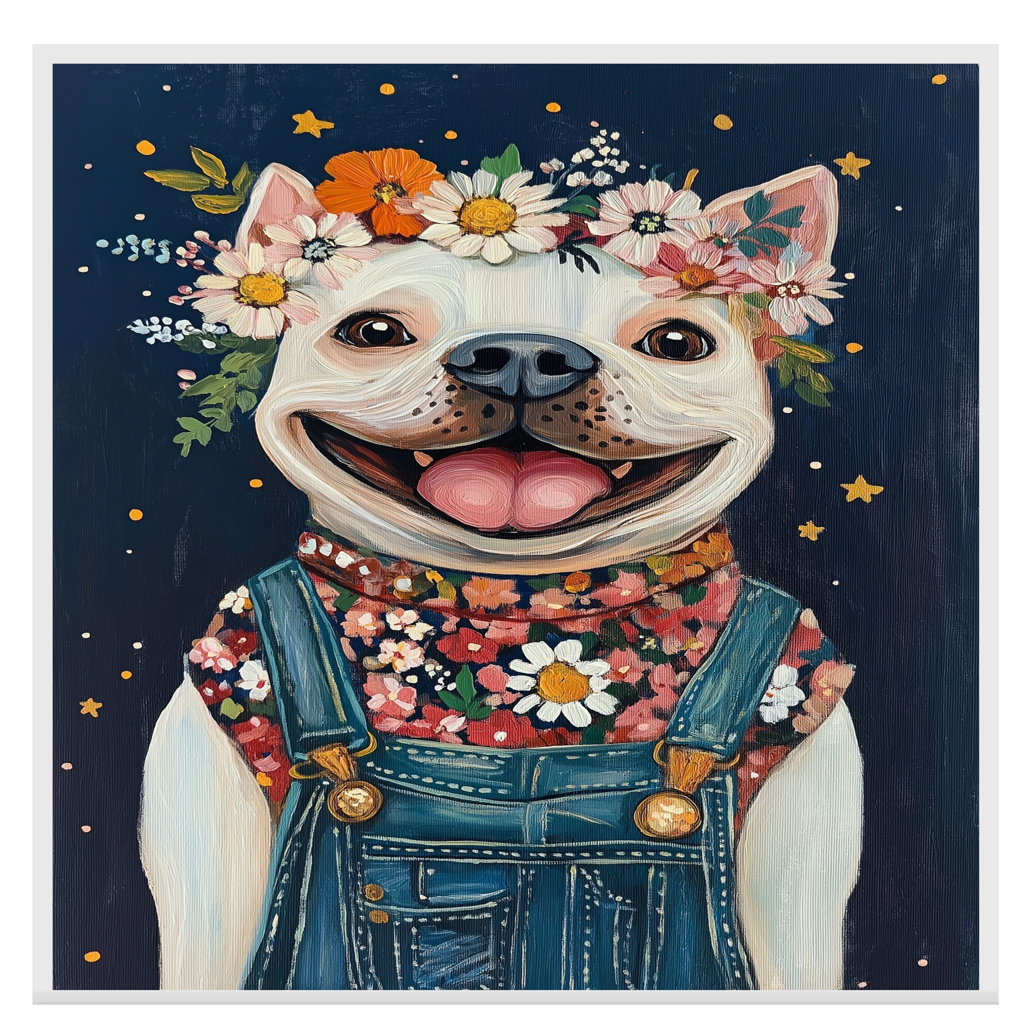 Happy White Dog Wearing Overalls and Floral Shirt Whimsical Farmhouse Art Perfect for Nursery Bedroom Living Room Dog Lover Gift Rustic Home Decor on Ready to Hang 1.5" Thick Canvas Wrap, Floating Framed Canvas, Flat Rolled Canvas