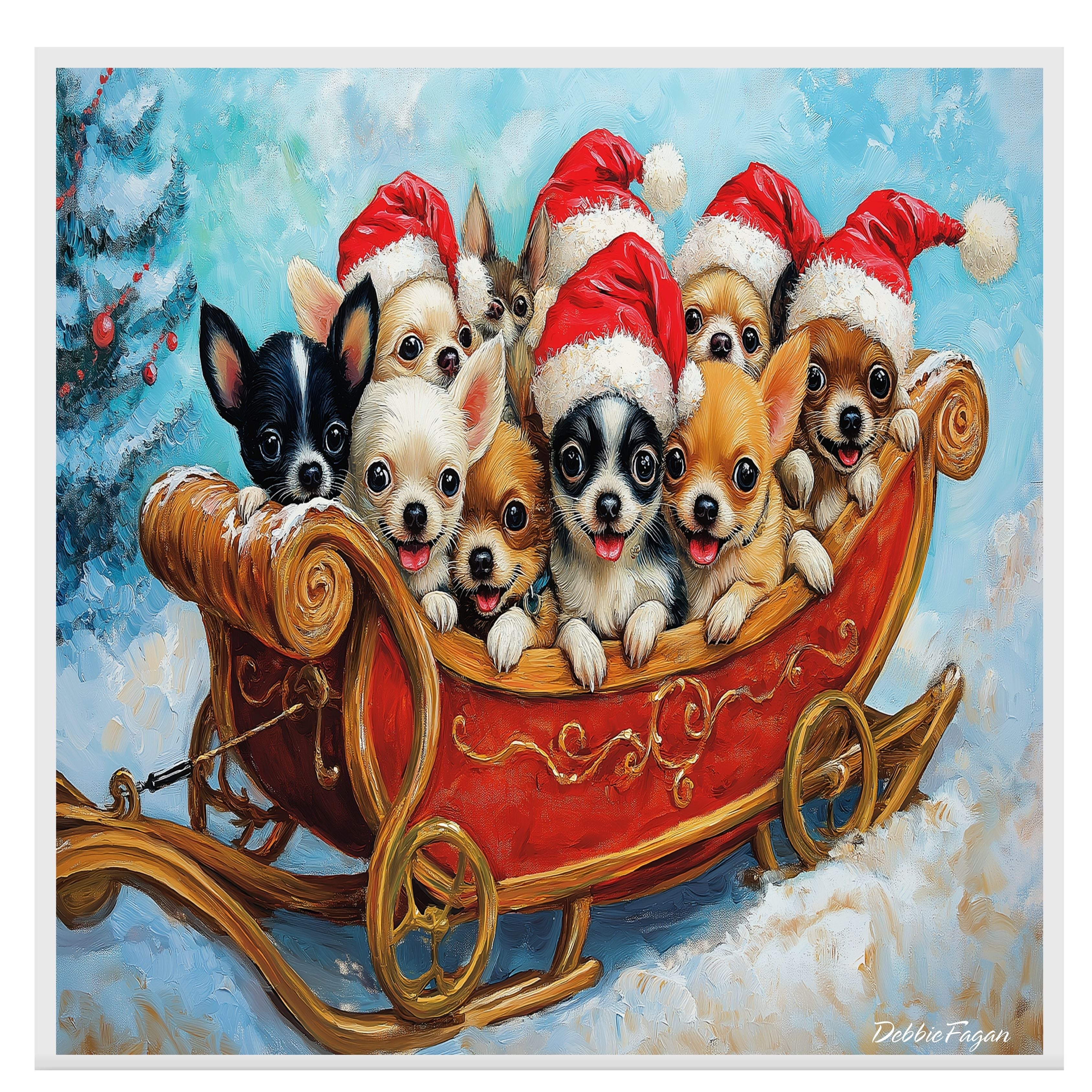 Dog Christmas Canvas  - "Sleighing the Season" - Adorable Puppies in Santa Hats on a Festive Sleigh in Winter Snow on Ready to Hang 1.5" Thick Canvas Wrap, Floating Framed Canvas, Flat Rolled Canvas