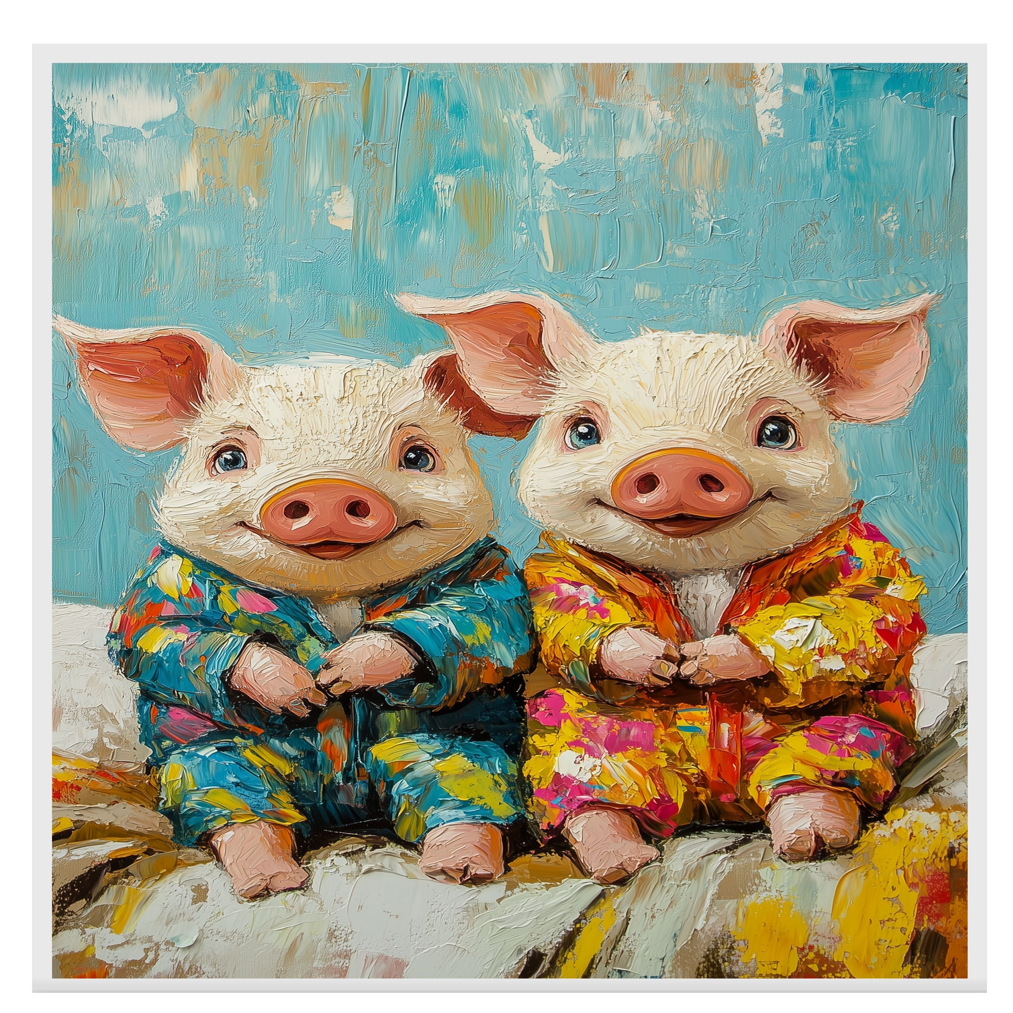 Joyful Painting of Two Cute Piglets in Bright Floral Pajamas Sitting Happily with Playful Expressions in a Textured Whimsical Style on Ready to Hang 1.5" Thick Canvas Wrap, Floating Framed Canvas, Flat Rolled Canvas