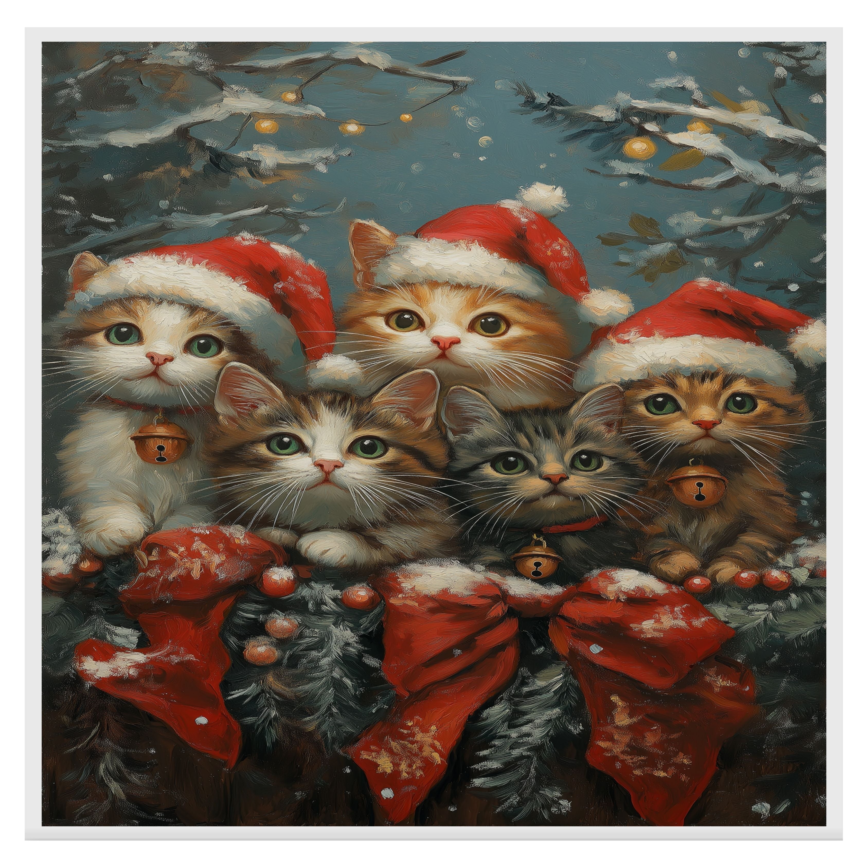 Vintage Style Painting of Five Christmas Kittens in Santa Hats with Bells and Red Bows Perfect for Holiday Decor or a Cute Seasonal Gift for Cat Lovers on Ready to Hang 1.5" Thick Canvas Wrap, Floating Framed Canvas, Flat Rolled Canvas