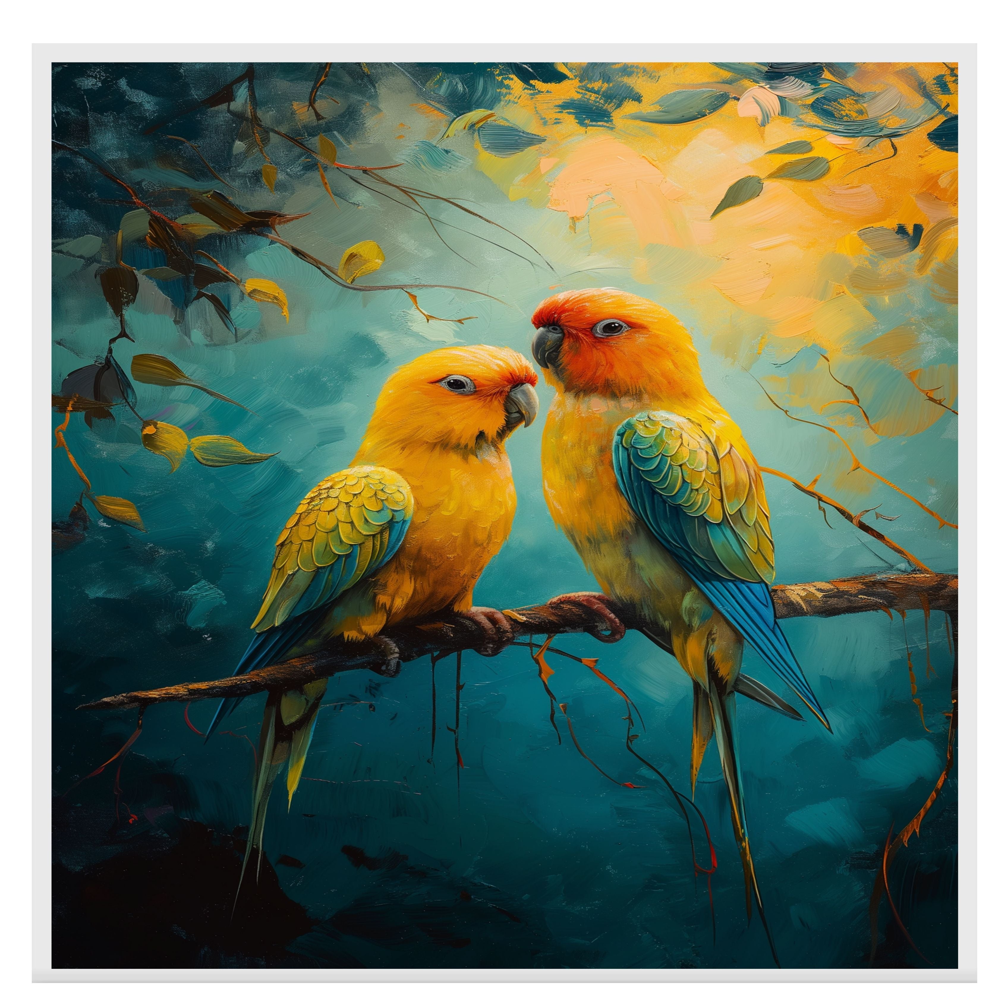Golden Yellow Lovebirds on a Branch with Bold Jungle Background in Artistic Detail on Ready to Hang 1.5" Thick Canvas Wrap, Floating Framed Canvas, Flat Rolled Canvas