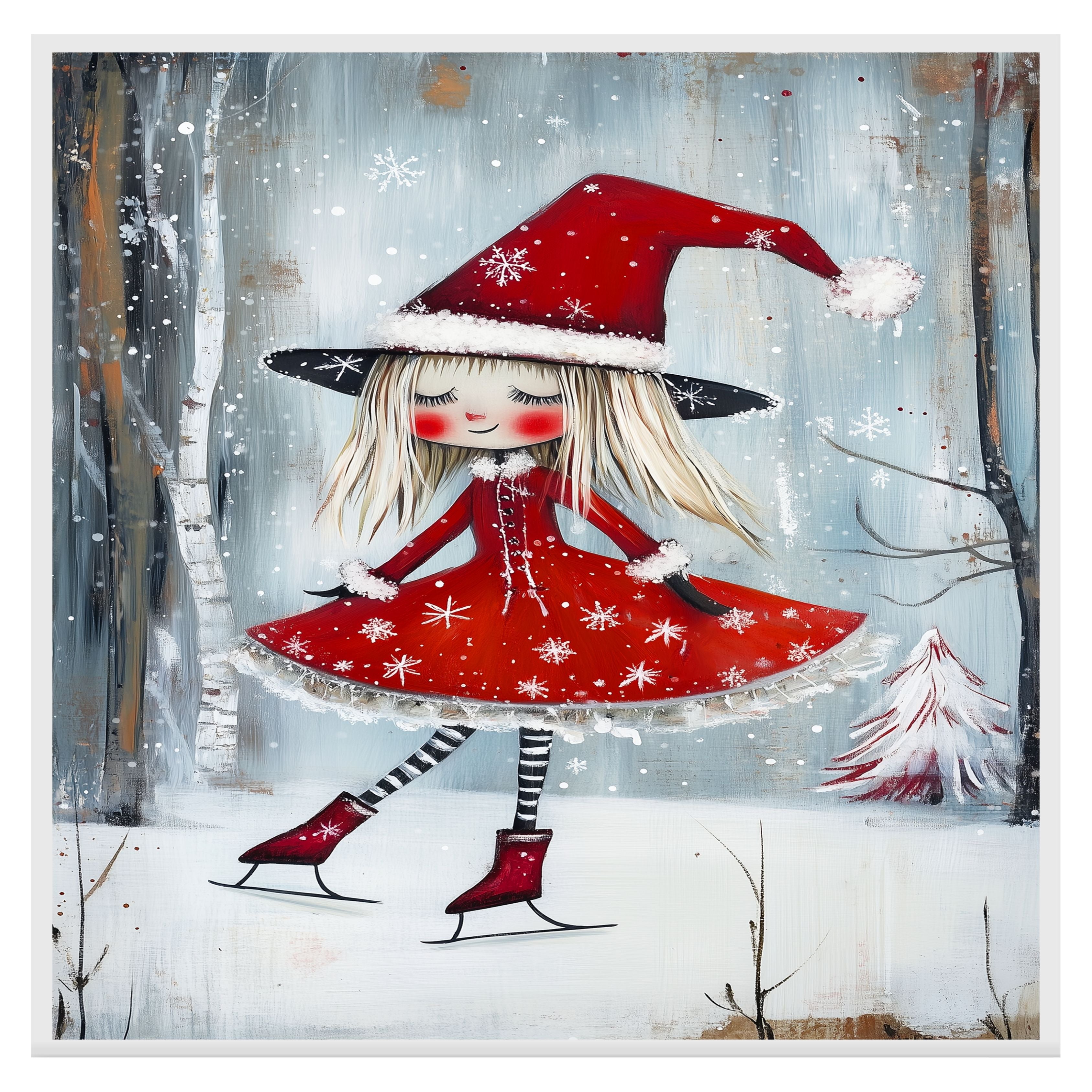 Christmas Witch Ice Skating Print – Whimsical Red Dress & Striped Tights Holiday Art, Cute Winter Witch Decor, Magical Snowy Season Wall Art for Girls' Room or Nursery on Ready to Hang 1.5" Thick Canvas Wrap, Floating Framed Canvas, Flat Rolled Canvas