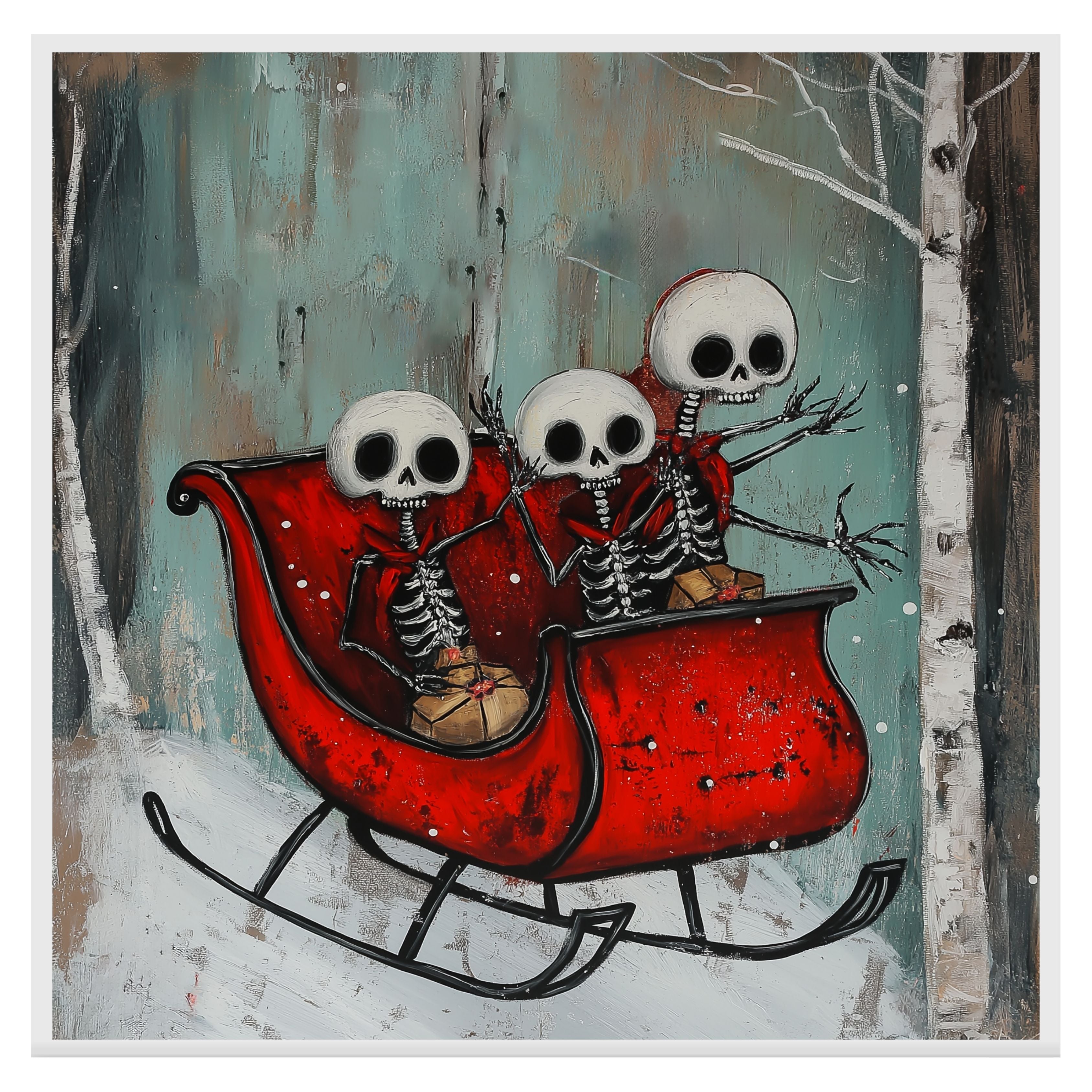 Whimsical Skeleton Sleigh Ride Christmas Print – Gothic Holiday Wall Art with Skeleton Friends in Red Sleigh, Spooky Winter Decor, Quirky Festive Illustration on Ready to Hang 1.5" Thick Canvas Wrap, Floating Framed Canvas, Flat Rolled Canvas