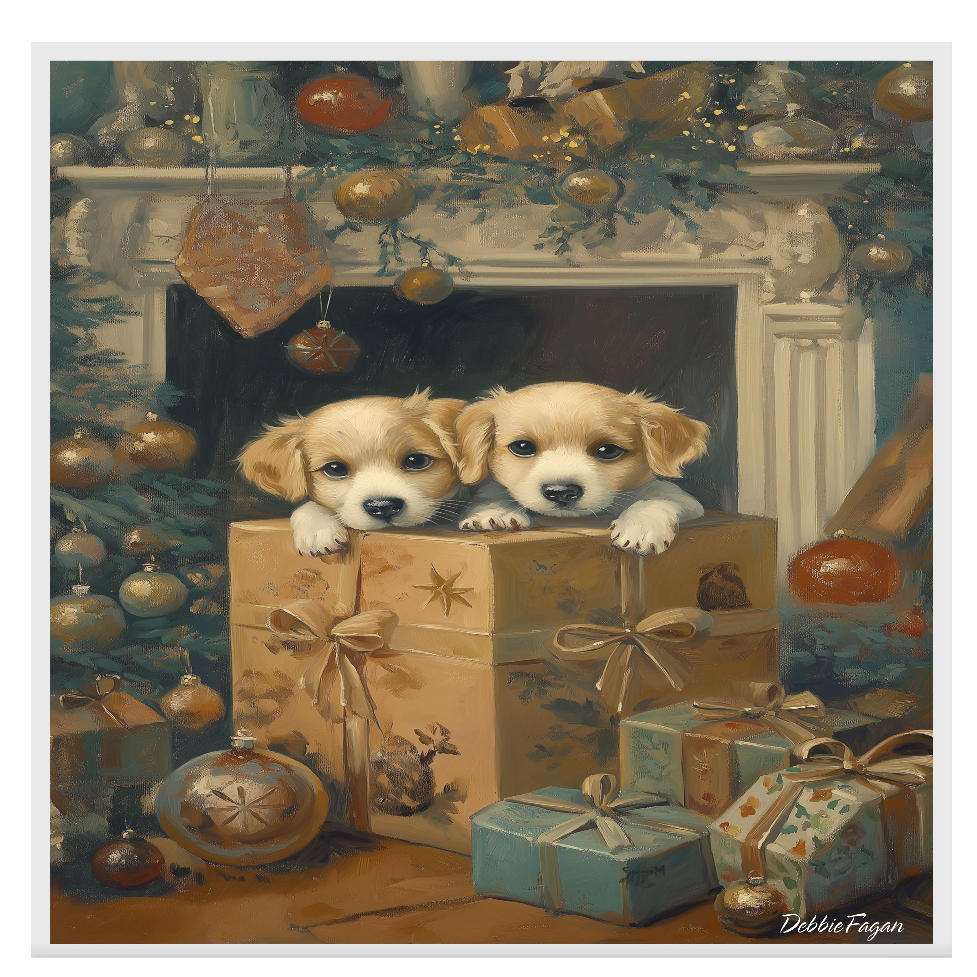 "Under the Tree Joy" - Two Adorable Puppies Above a Big Gift Under the Christmas Tree, Ready to Hang 1.5" Thick Canvas Wrap, Floating Framed Canvas, Flat Rolled Canvas