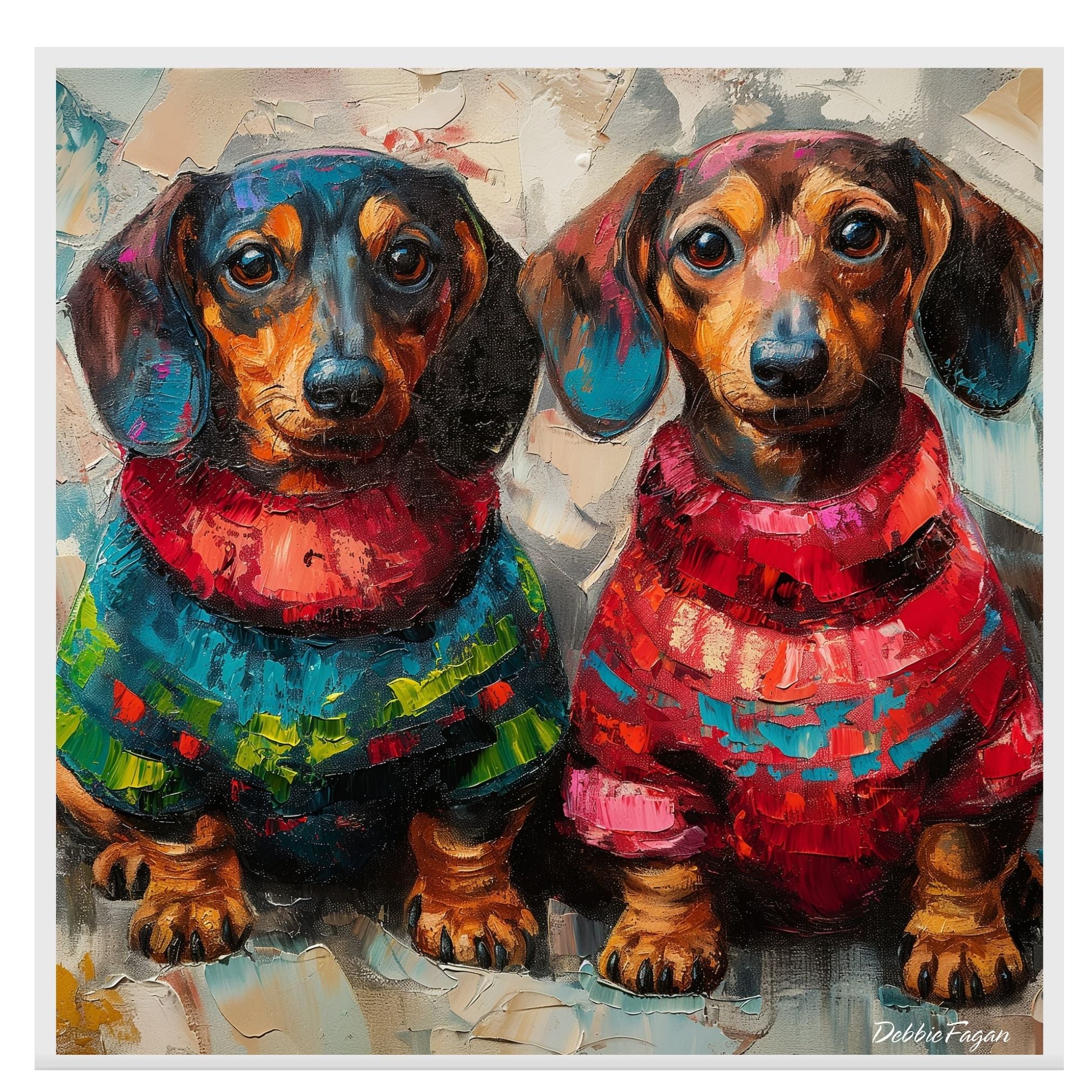 Dachshund Christmas Canvas - "Wiener Doxie Duo Charm" - Cozy Sweater Pair on Abstract Oil-Style Background on Ready to Hang 1.5" Thick Canvas Wrap, Floating Framed Canvas, Flat Rolled Canvas