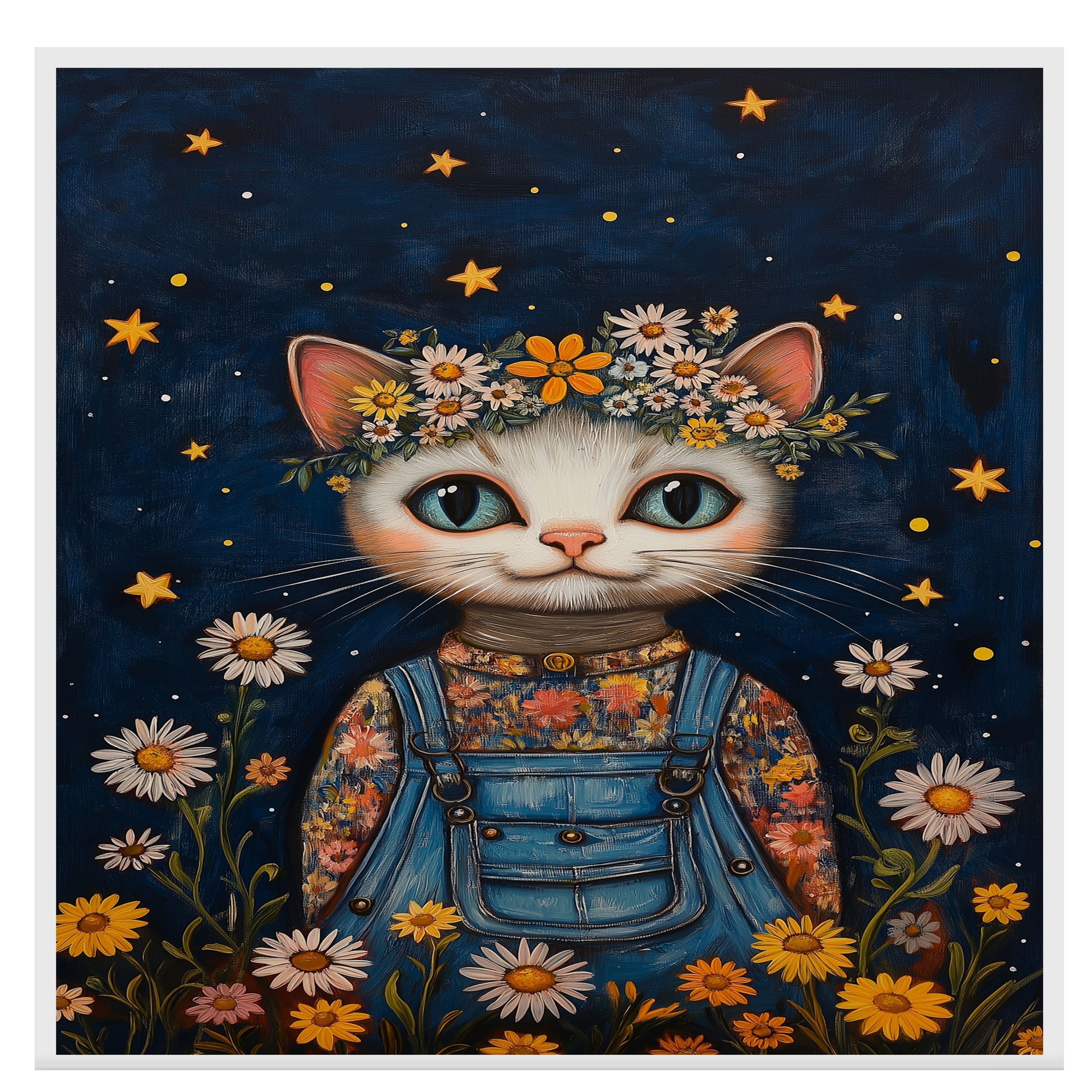 Cute Cat in Overalls with Flower Crown Whimsical Hand Painted Floral Art Night Sky Wall Decor for Nursery Kids Room Bedroom or Gift for Cat Lovers on Ready to Hang 1.5" Thick Canvas Wrap, Floating Framed Canvas, Flat Rolled Canvas