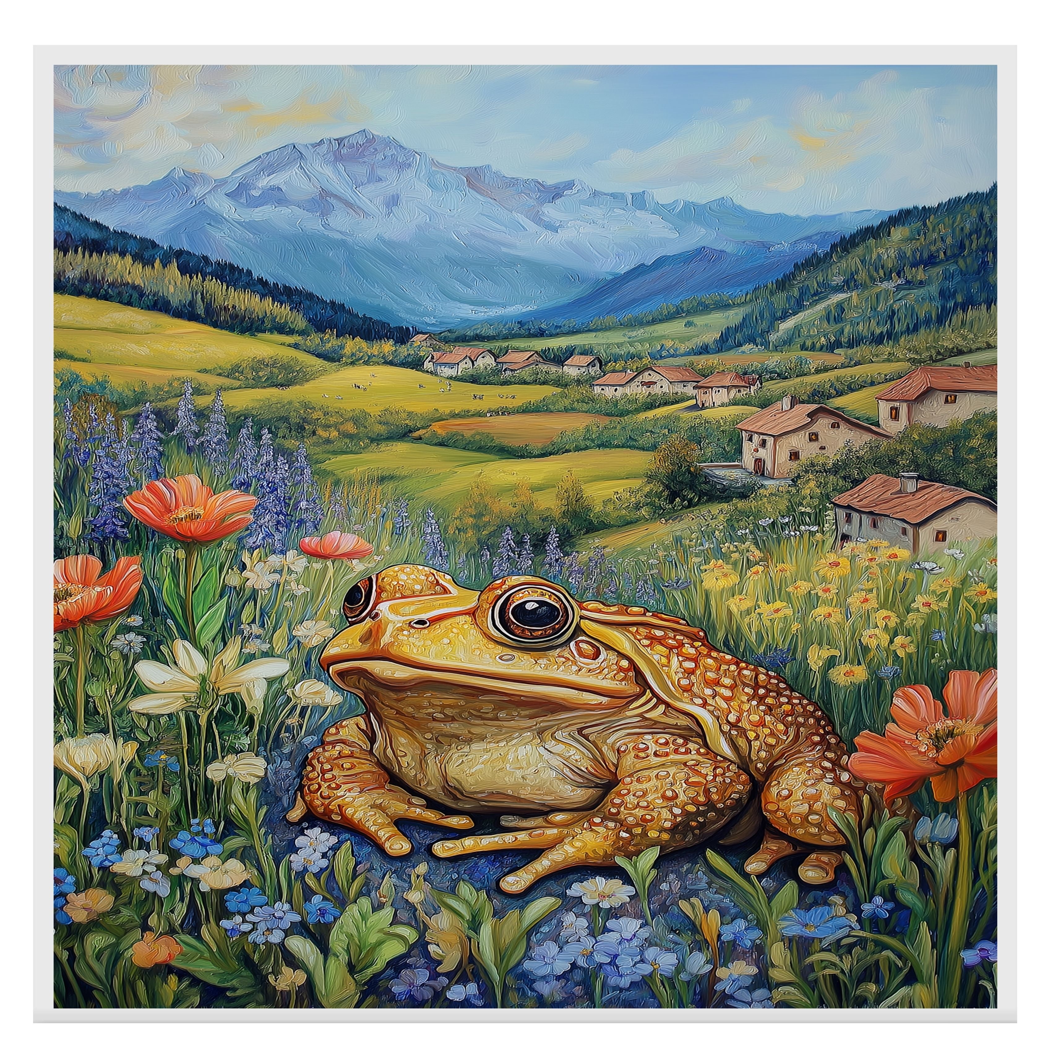 Cheerful Toad in Wildflower Meadow Bright Hand Painted Art Vibrant Countryside Scene Perfect for Home Wall Decor Living Room Bedroom Office or Nature Lovers on Ready to Hang 1.5" Thick Canvas Wrap, Floating Framed Canvas, Flat Rolled Canvas