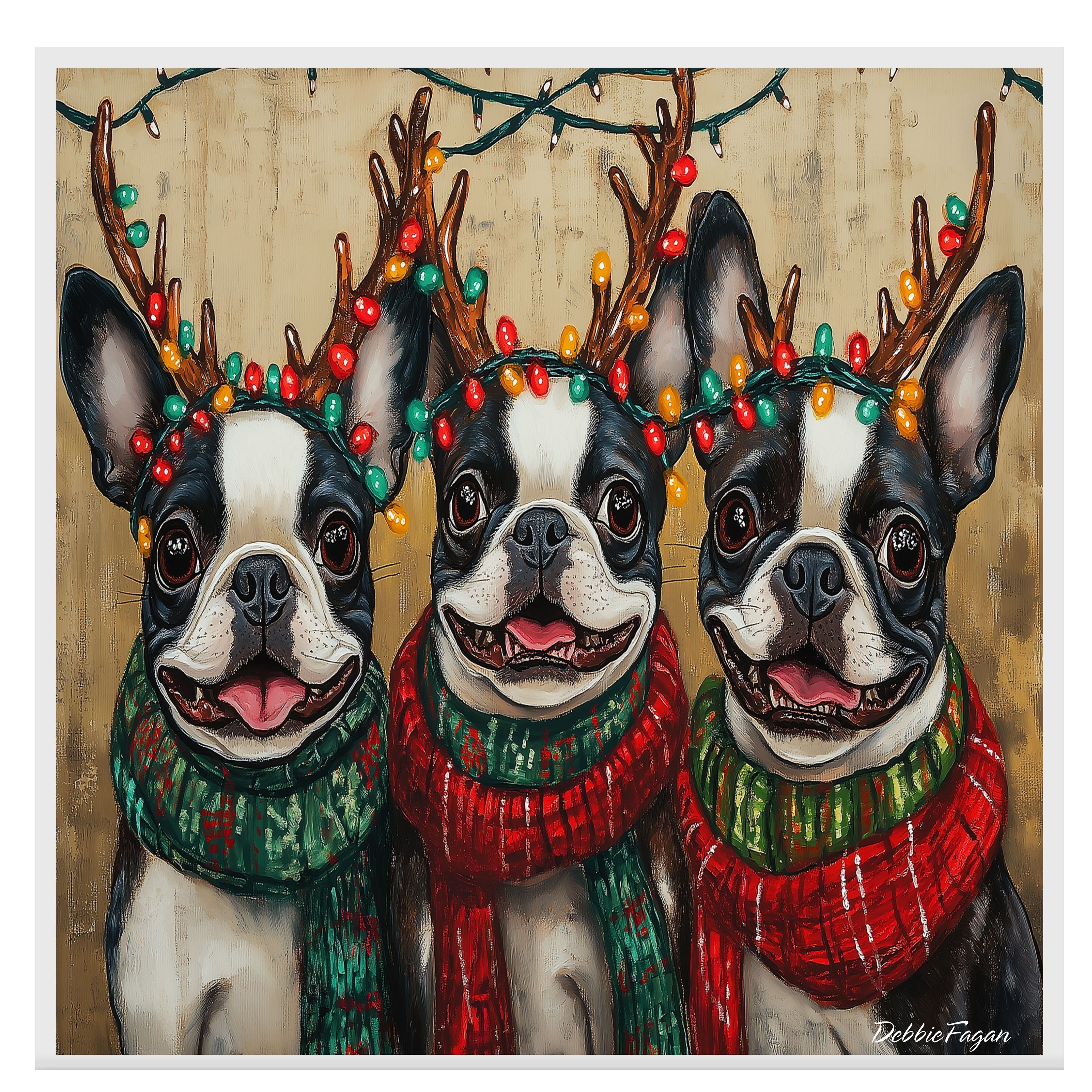 "Festive Frenchies" - Portraits of Adorable French Buldogs in Colorful Bulb Antlers & Cozy Scarves on Ready to Hang 1.5" Thick Canvas Wrap, Floating Framed Canvas, Flat Rolled Canvas