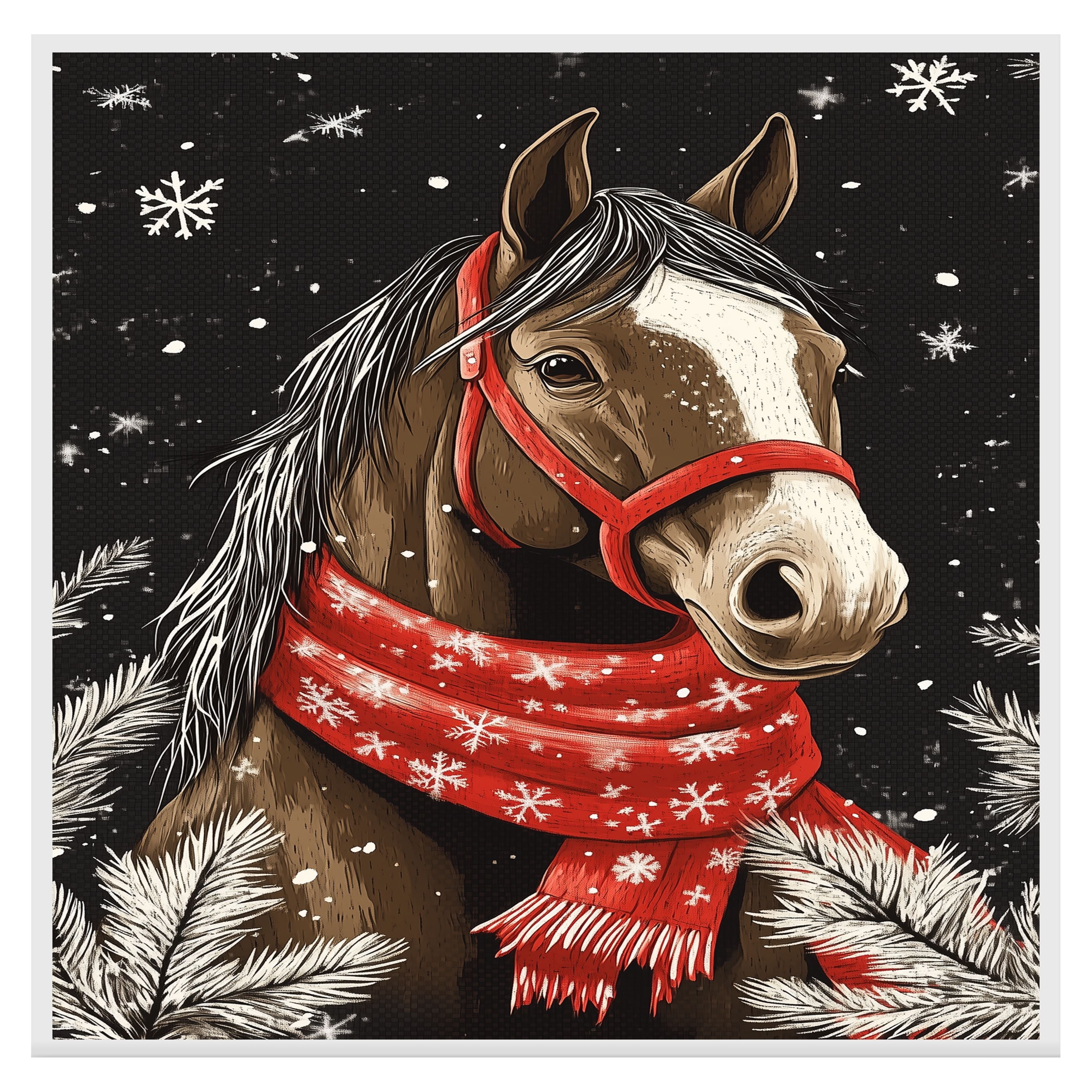 "Winter Majesty Horse" - Horse in Red Scarf Standing in Snow on Ready to Hang 1.5" Thick Canvas Wrap, Floating Framed Canvas, Flat Rolled Canvas