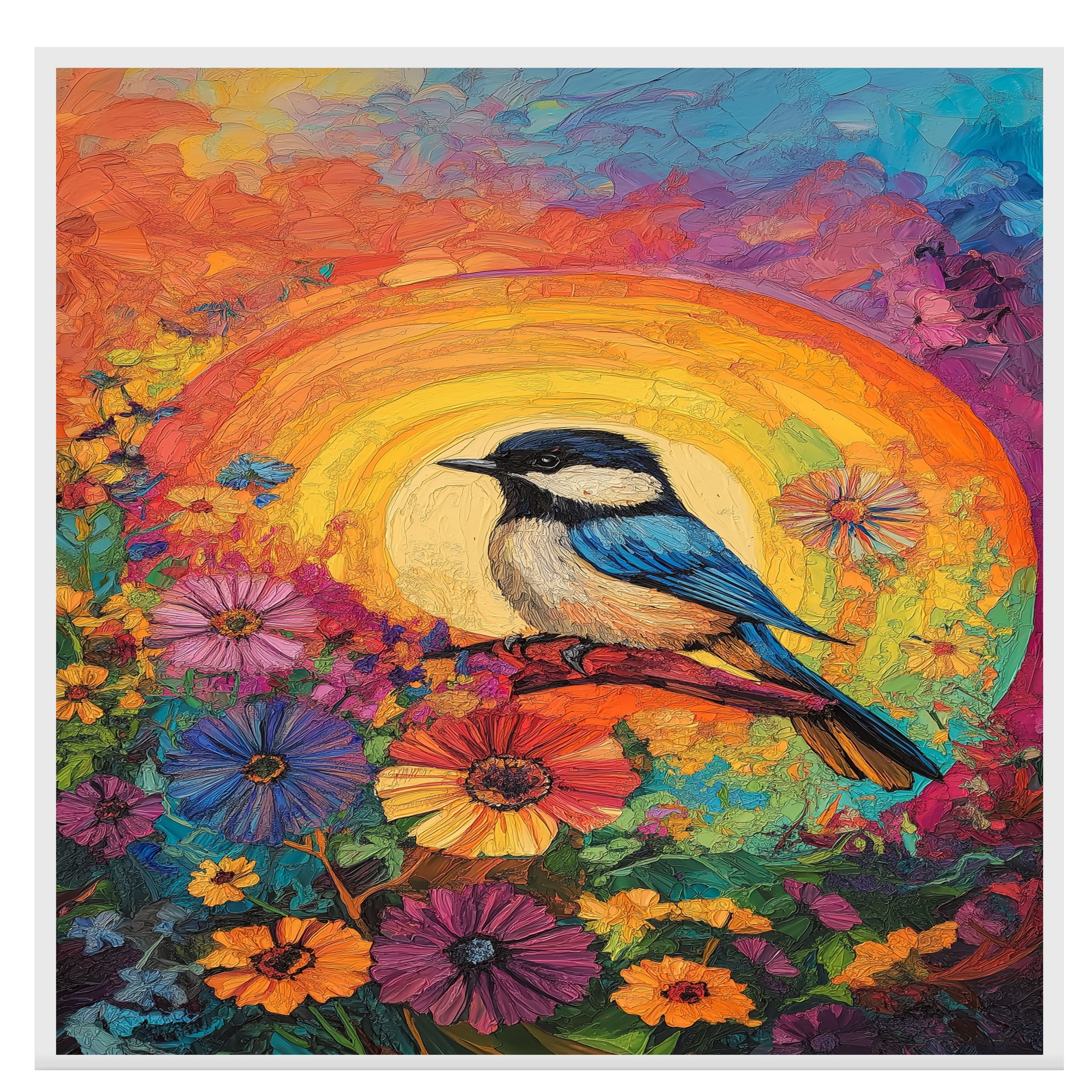 Chickadee Among Bright Wildflowers with Radiant Rainbow Sunburst Background on Ready to Hang 1.5" Thick Canvas Wrap, Floating Framed Canvas, Flat Rolled Canvas