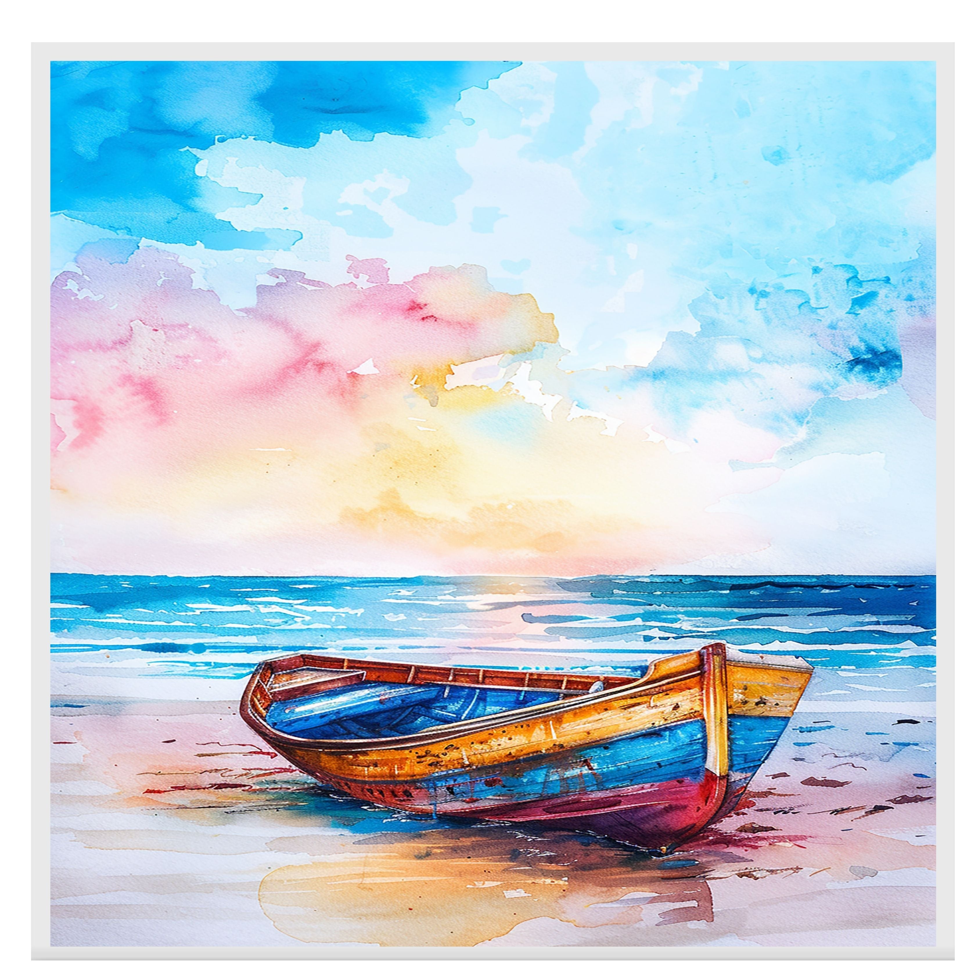 Watercolor Painting of Colorful Wooden Boat on Sandy Shore with Ocean View and Bright Sky in Soft Blue Pink and Yellow Tones on Ready to Hang 1.5" Thick Canvas Wrap, Floating Framed Canvas, Flat Rolled Canvas