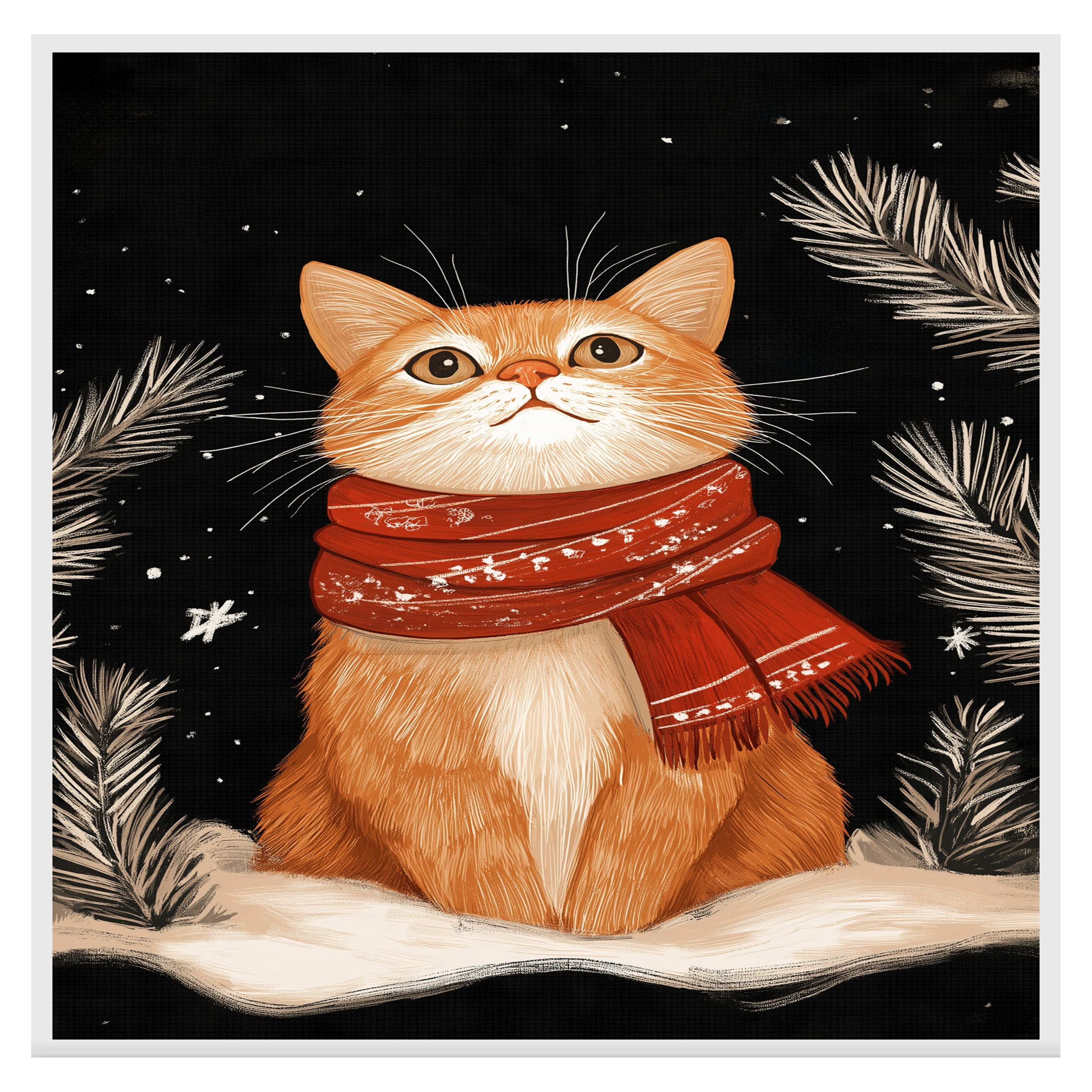 "Winter Paws Cat" - Cat in Red Scarf Sitting in Snow on Ready to Hang 1.5" Thick Canvas Wrap, Floating Framed Canvas, Flat Rolled Canvas