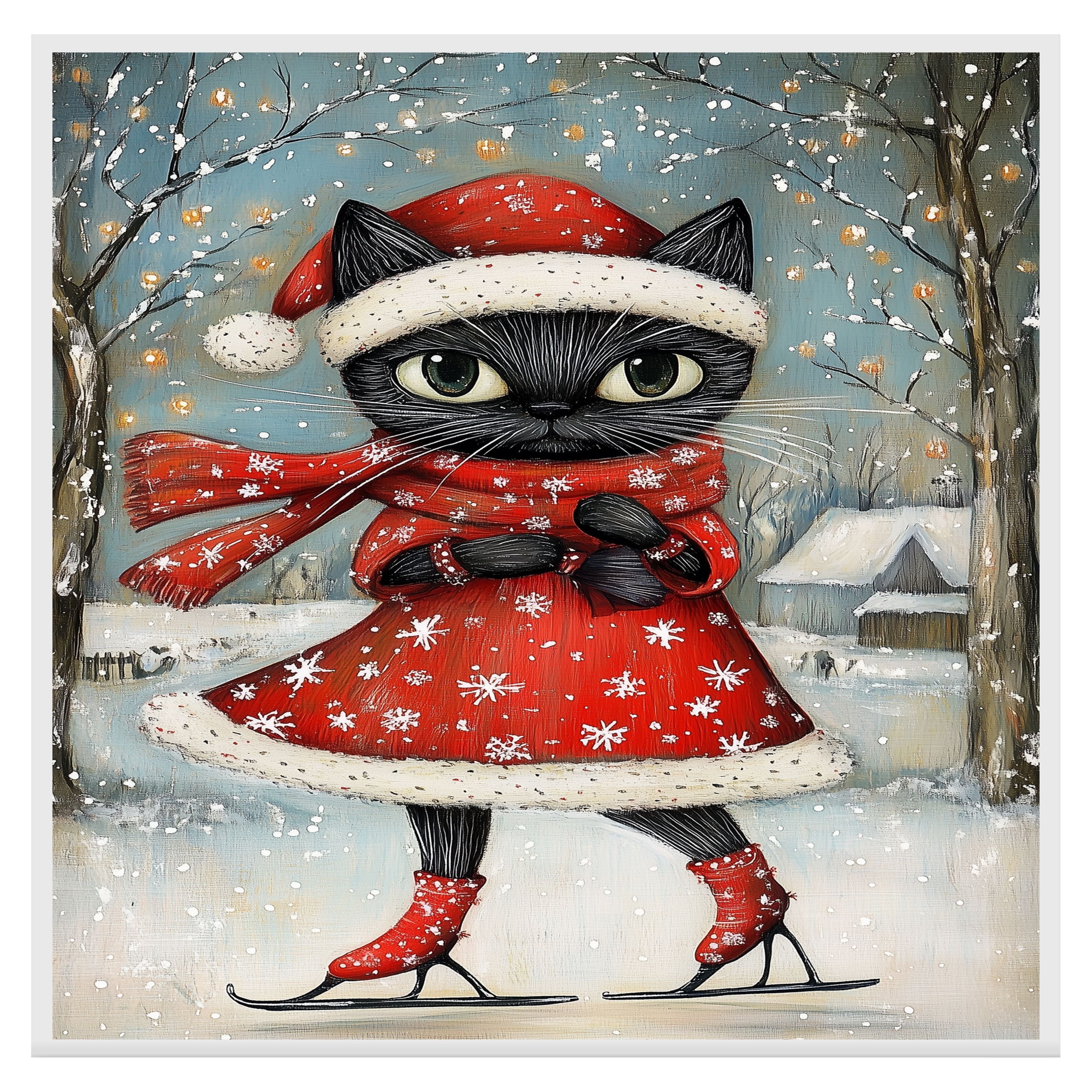 Christmas Wall Art Featuring Cute Black Cat in Red Santa Dress Ice Skating Through a Snowy Forest Whimsical Holiday Illustration for Winter Decor and