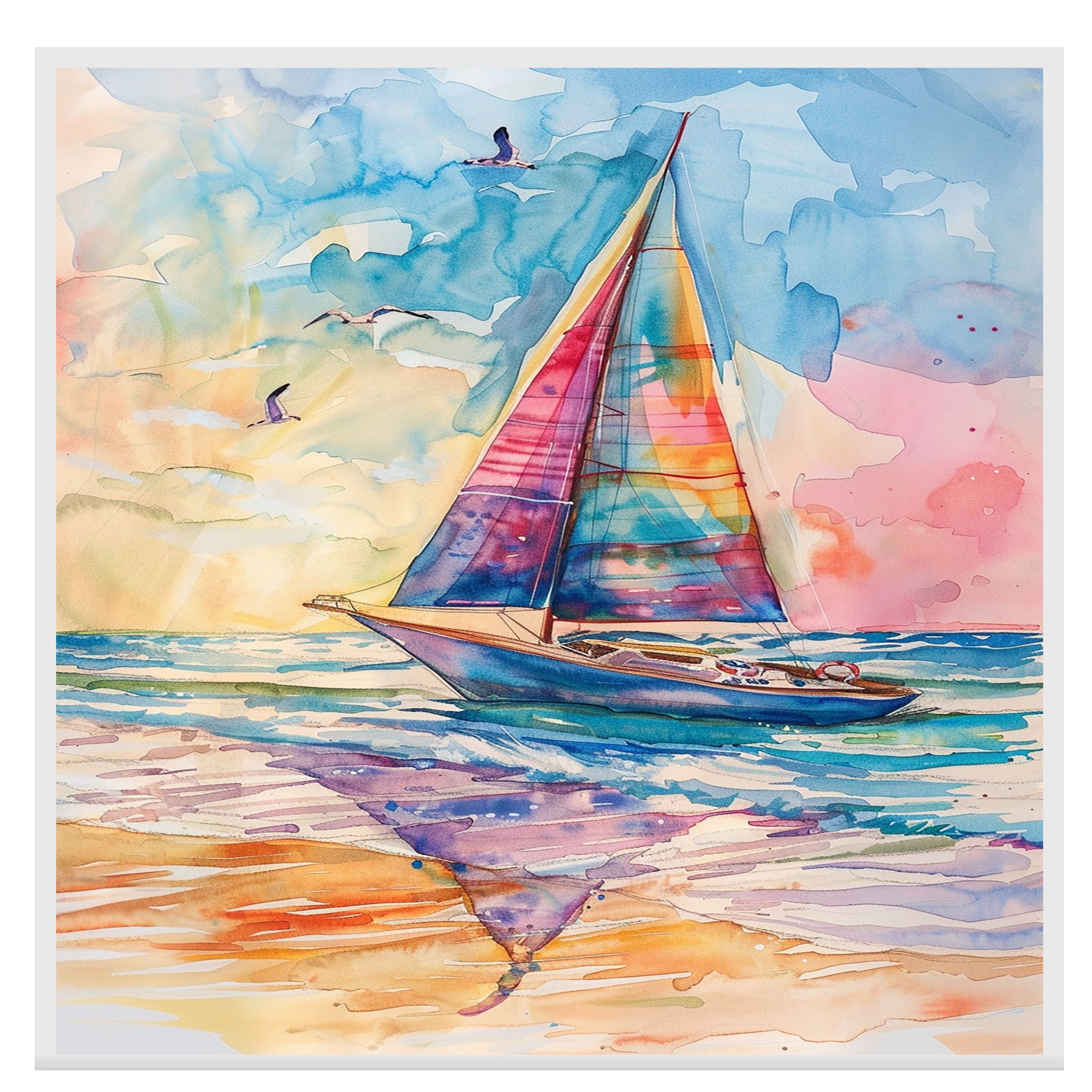 Colorful Sailboat Watercolor Painting with Ocean Waves, Sunset Sky, and Flying Seagulls on Ready to Hang 1.5" Thick Canvas Wrap, Floating Framed Canvas, Flat Rolled Canvas