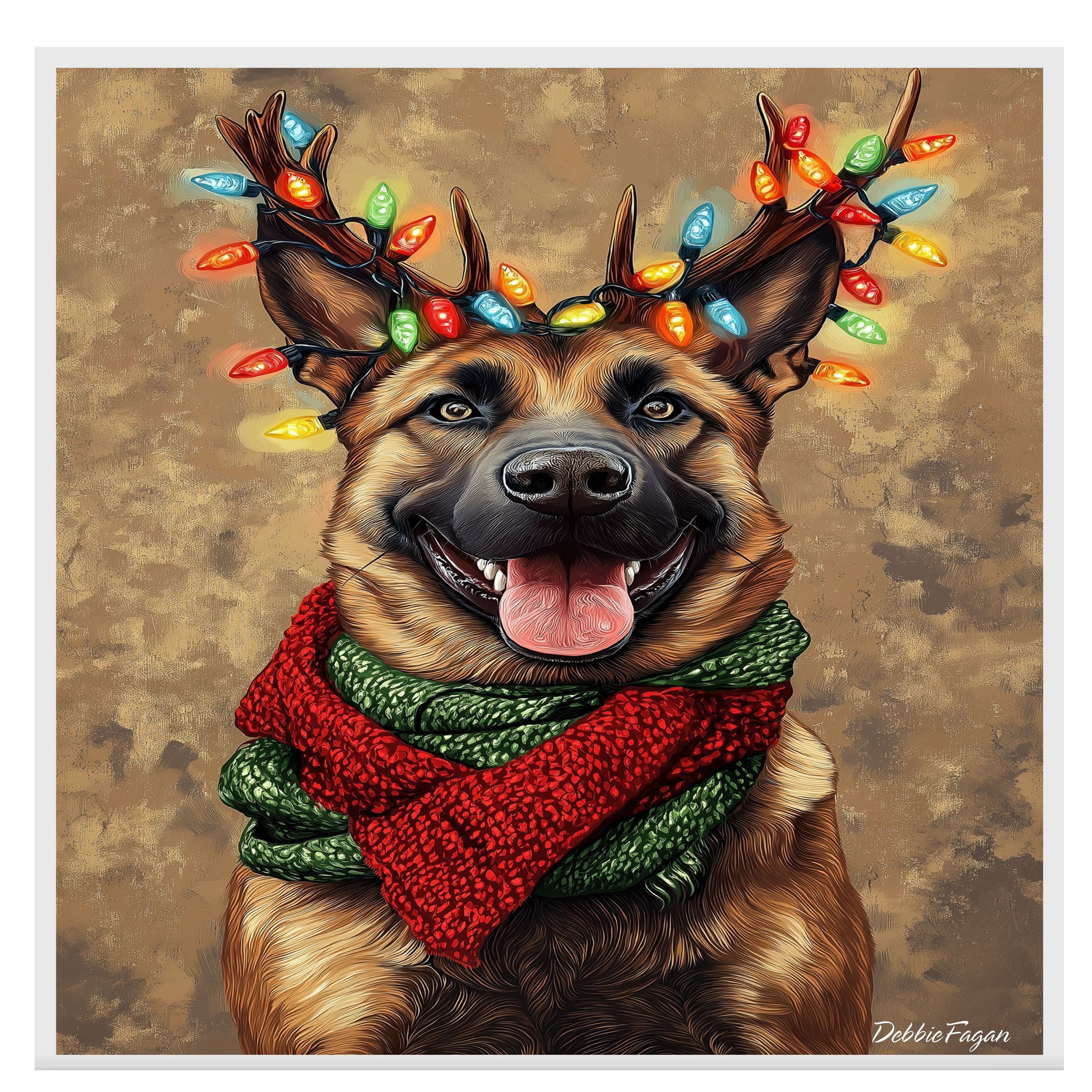 Rustic Cheer' - Belgian Malinois Dog with Christmas Lights & Cozy Scarf on Rustic Background, Ready to Hang 1.5" Thick Canvas Wrap, Floating Framed Canvas, Flat Rolled Canvas