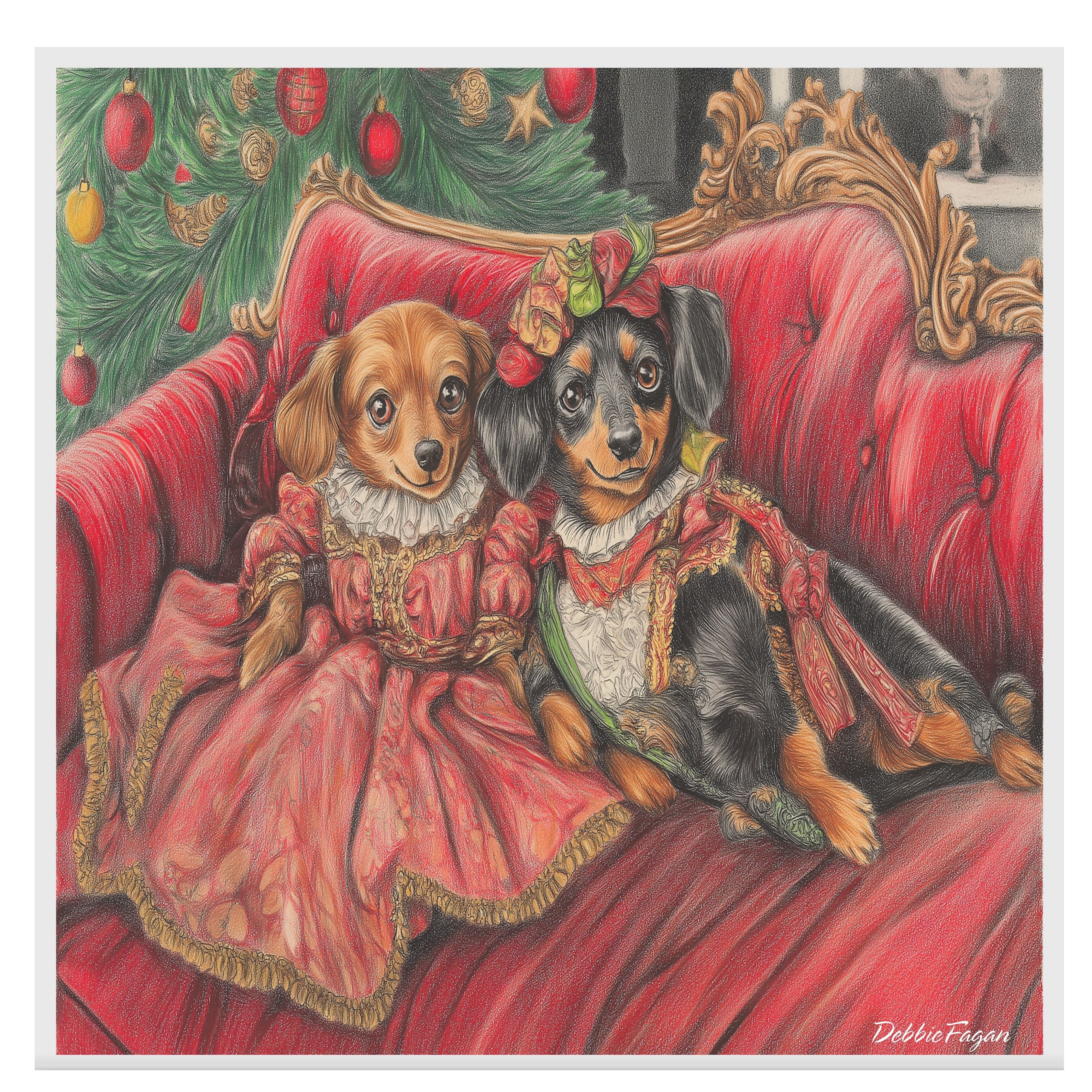 Christmas Canvas - "Stylish Doxies in Victorian Elegance" - Charming Dachshunds Dressed in Vintage Attire on Couch on Ready to Hang 1.5" Thick Canvas Wrap, Floating Framed Canvas, Flat Rolled Canvas