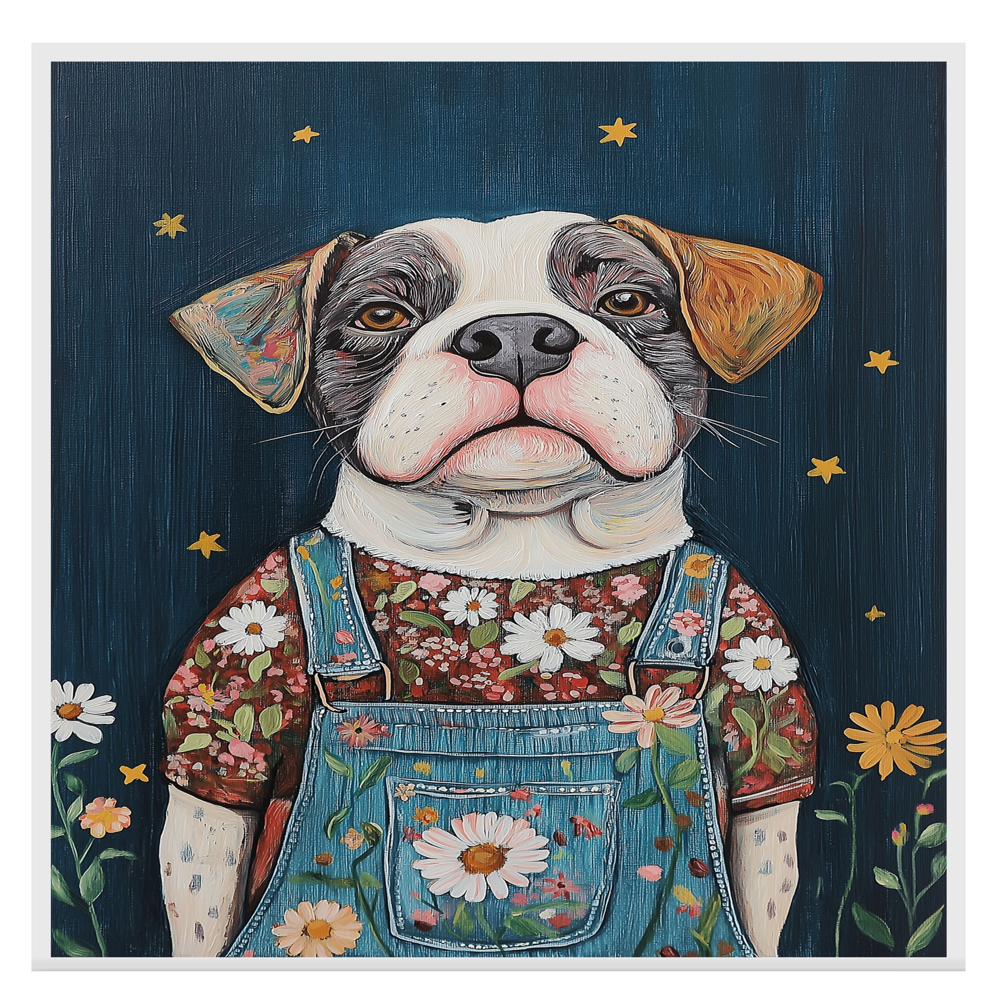 Charming Dog in Overalls and Floral Shirt Under Starry Sky Whimsical Dog Art Farmhouse Nursery Living Room Decor Perfect for Dog Lovers and Gift Ideas on Ready to Hang 1.5" Thick Canvas Wrap, Floating Framed Canvas, Flat Rolled Canvas