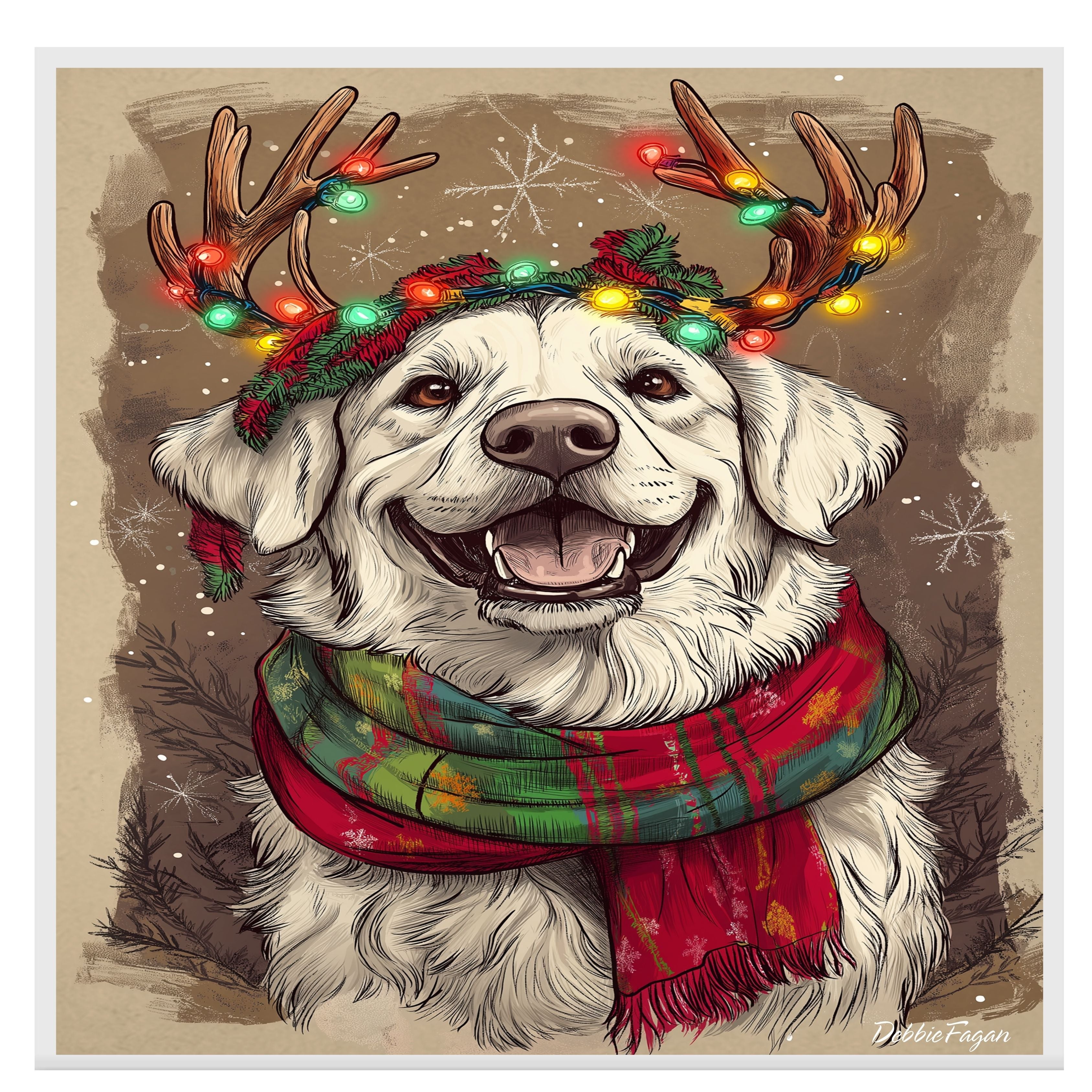 Christmas Bliss - 'Snowy Sparkles' - Dog with Lit Antlers & Festive Scarf on Rustic Canvas, Ready to Hang 1.5" Thick Canvas Wrap, Floating Framed Canvas, Flat Rolled Canvas