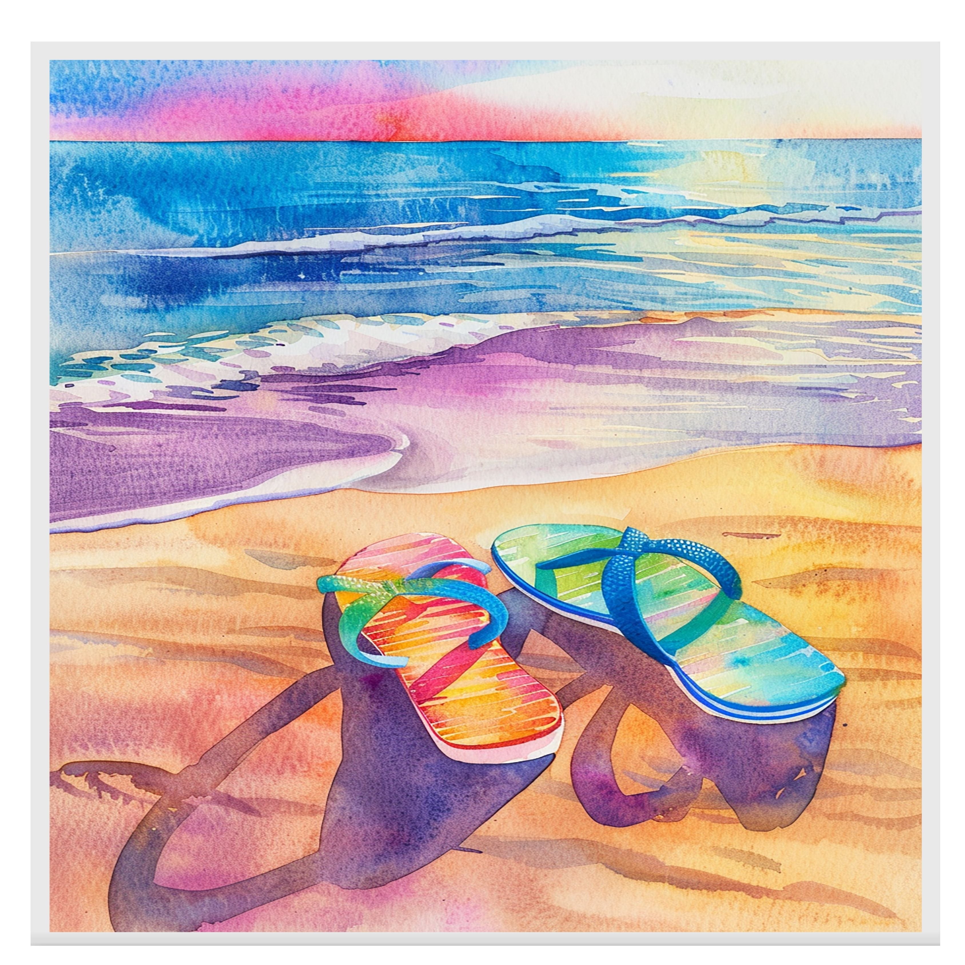 Colorful Flip-Flops on Sandy Beach Watercolor Painting with Ocean Waves and Sunset Sky in Vibrant Summer Style on Ready to Hang 1.5" Thick Canvas Wrap, Floating Framed Canvas, Flat Rolled Canvas