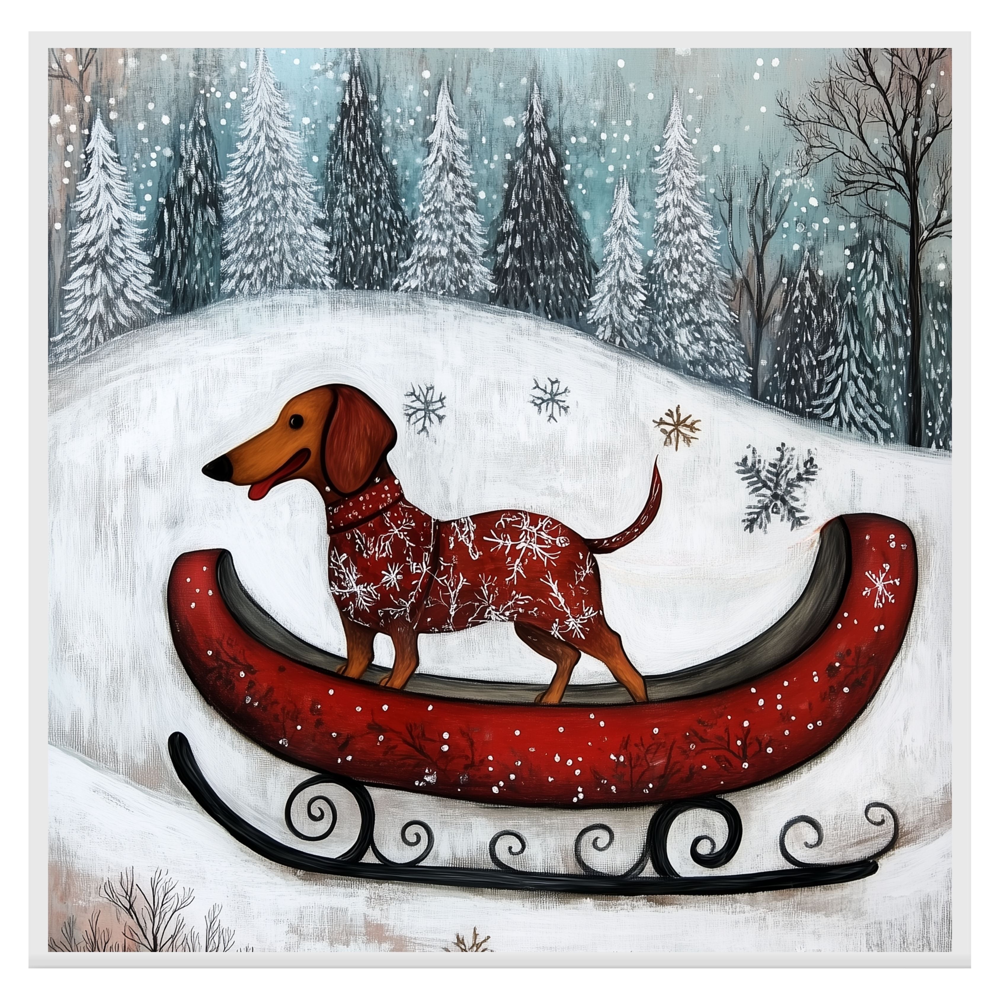 Festive Dachshund in Red Sleigh Winter Wonderland Art Whimsical Christmas Dog Illustration in Snowy Forest Scene for Holiday Pet Lovers and Seasonal Décor on Ready to Hang 1.5" Thick Canvas Wrap, Floating Framed Canvas, Flat Rolled Canvas