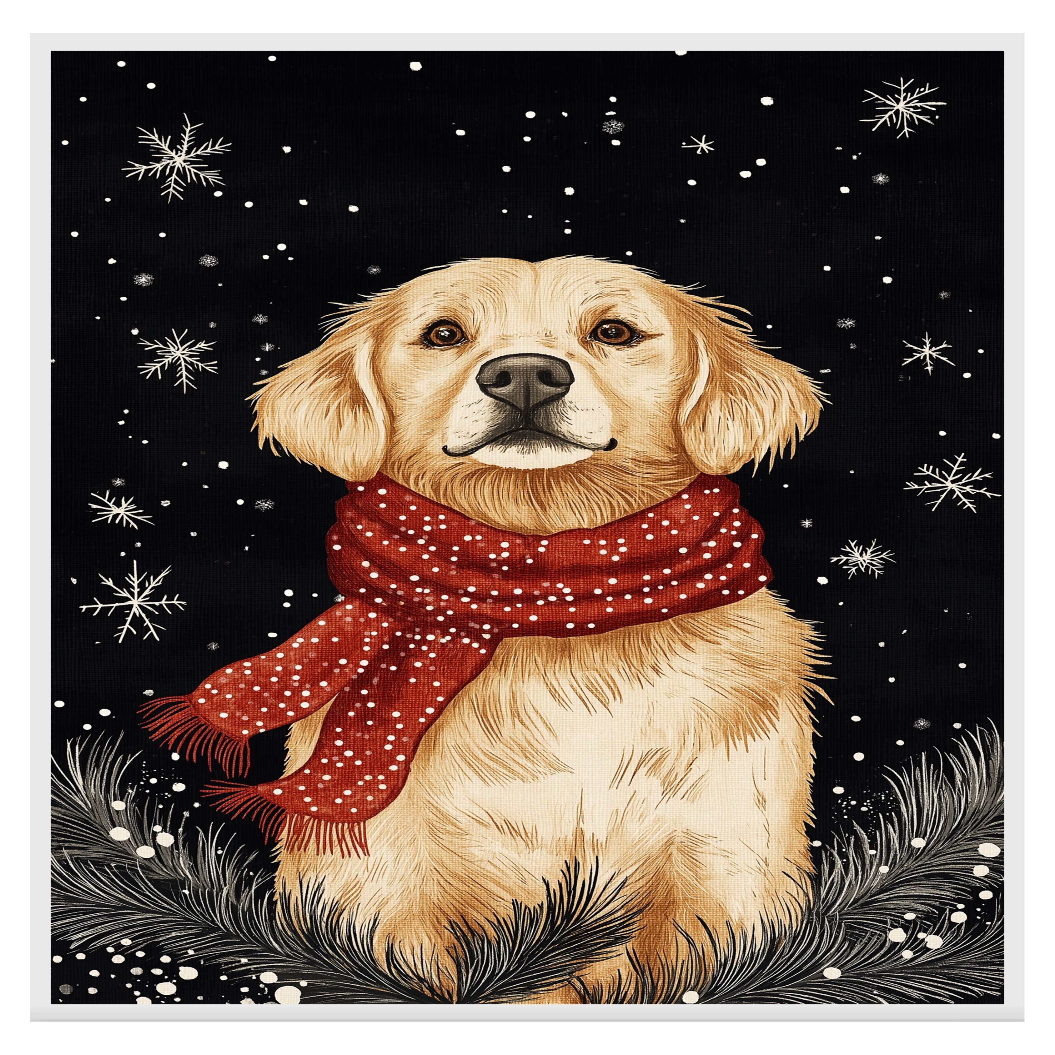 "Golden Winter Joy" - Golden Retriever in Red Scarf Sitting in Snow on Ready to Hang 1.5" Thick Canvas Wrap, Floating Framed Canvas, Flat Rolled Canvas