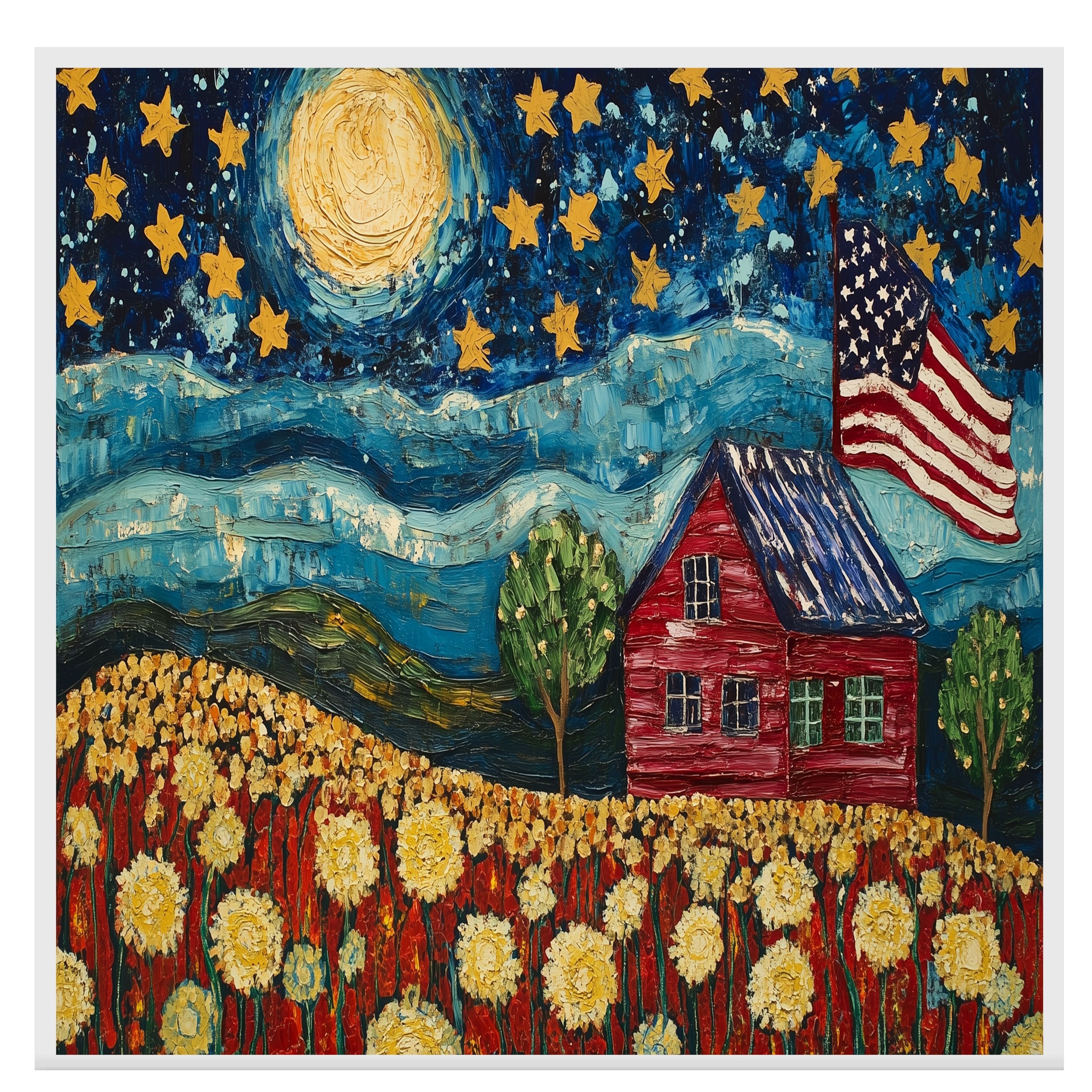Patriotic Farmhouse Under Starry Sky with American Flag and Flower Field, Folk Art Style 4th of July Scene in Bold Colors and Textured Brushstrokes on Ready to Hang 1.5" Thick Canvas Wrap, Floating Framed Canvas, Flat Rolled Canvas
