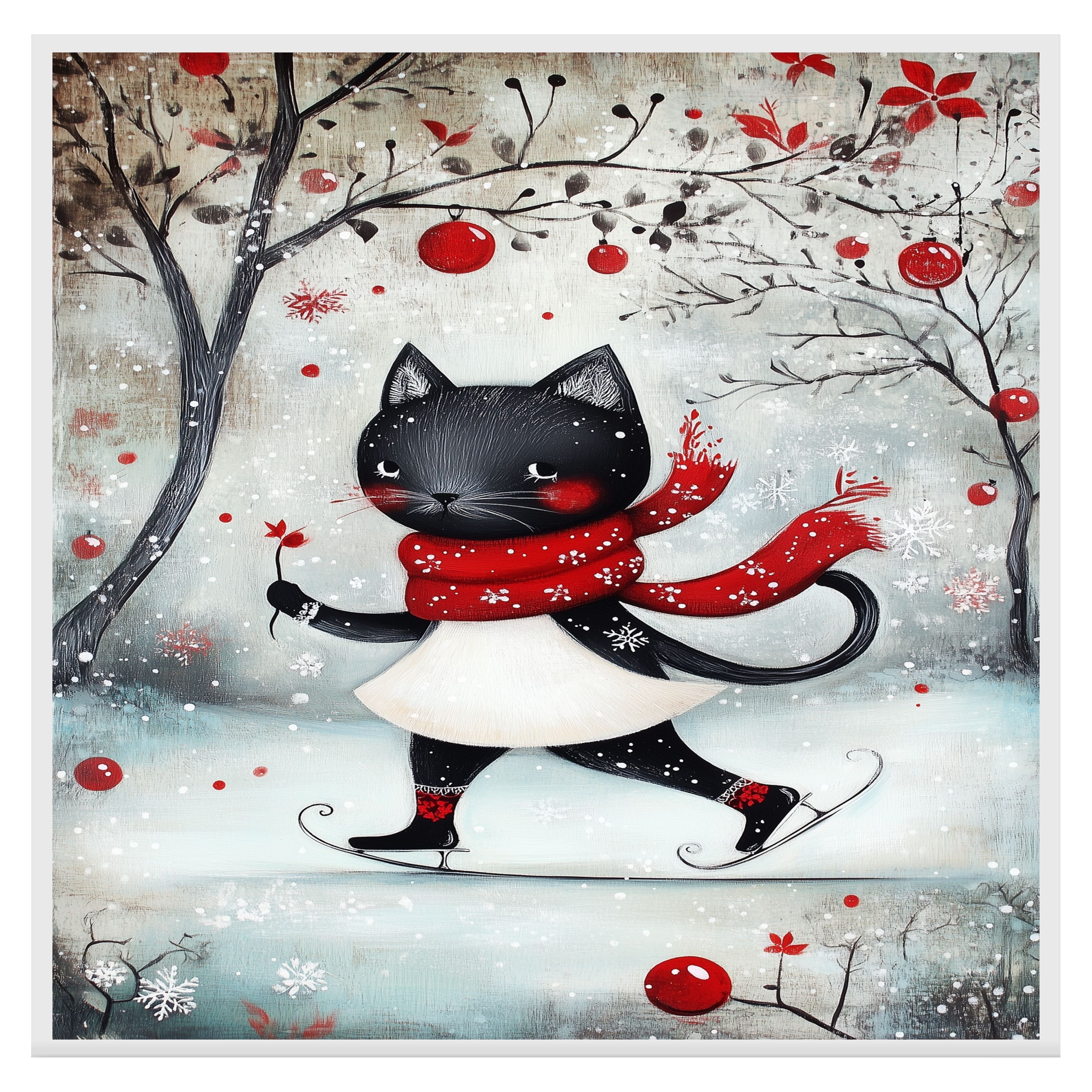 Christmas Wall Art Featuring Whimsical Black Cat Ice Skating with Red Scarf and Snowy Forest Background Cute Holiday Animal Illustration for Winter Home Decor and Gifts on Ready to Hang 1.5" Thick Canvas Wrap, Floating Framed Canvas, Flat Rolled Canvas