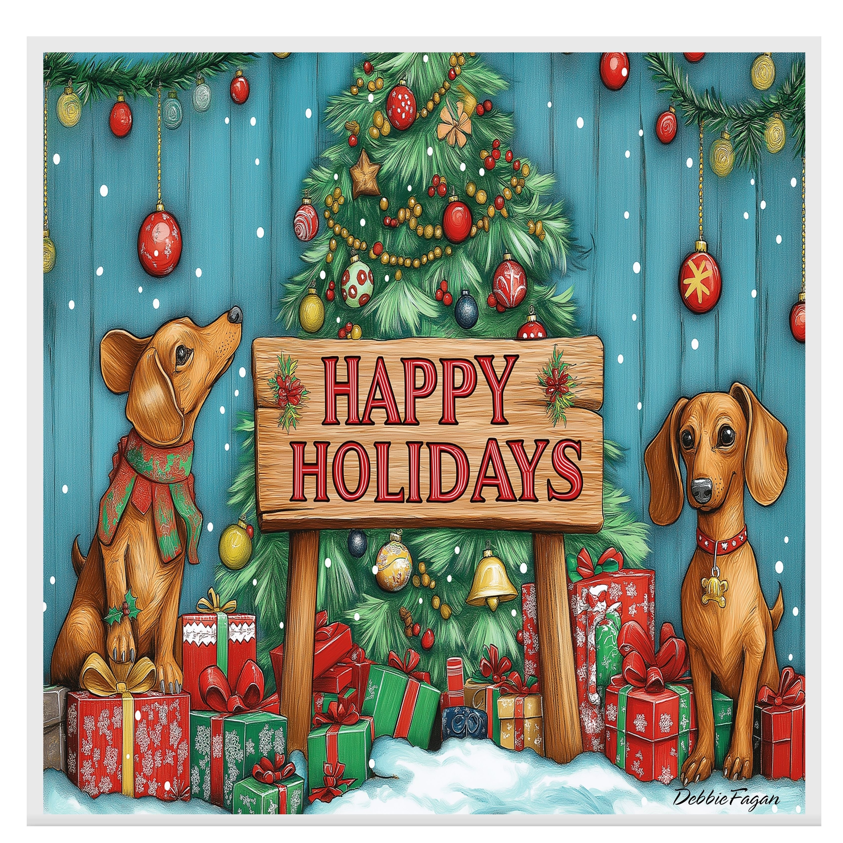 "Puppy Wonderland" - Adorable Puppies Playing in Winter Snow with Festive Christmas Trees and Presents on Ready to Hang 1.5" Thick Canvas Wrap, Floating Framed Canvas, Flat Rolled Canvas