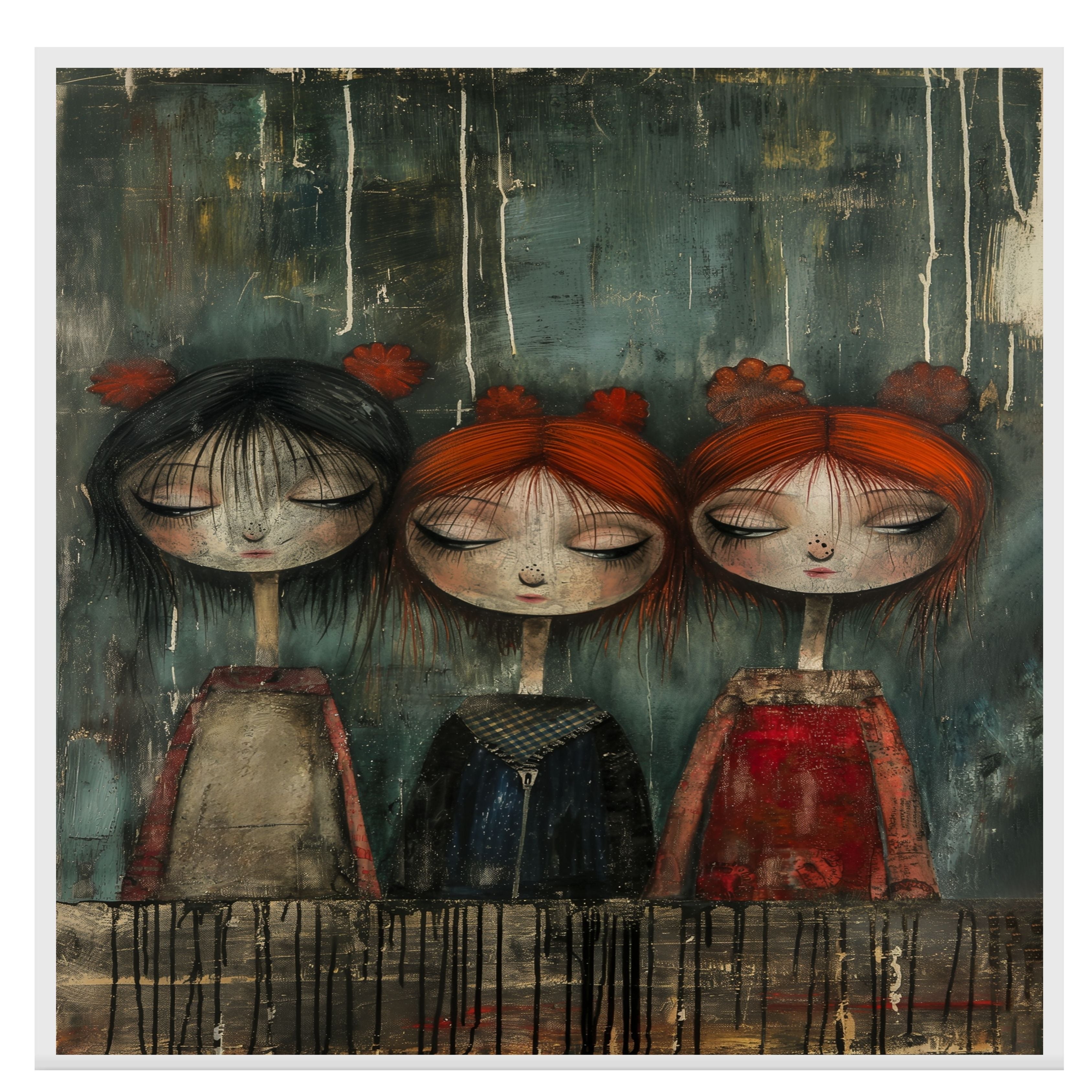 Emotional Trio of Girls Moody Hand Painted Art Deep and Expressive Portrait Perfect for Home Wall Decor Living Room Bedroom Office or Unique Gift on Ready to Hang 1.5" Thick Canvas Wrap, Floating Framed Canvas, Flat Rolled Canvas