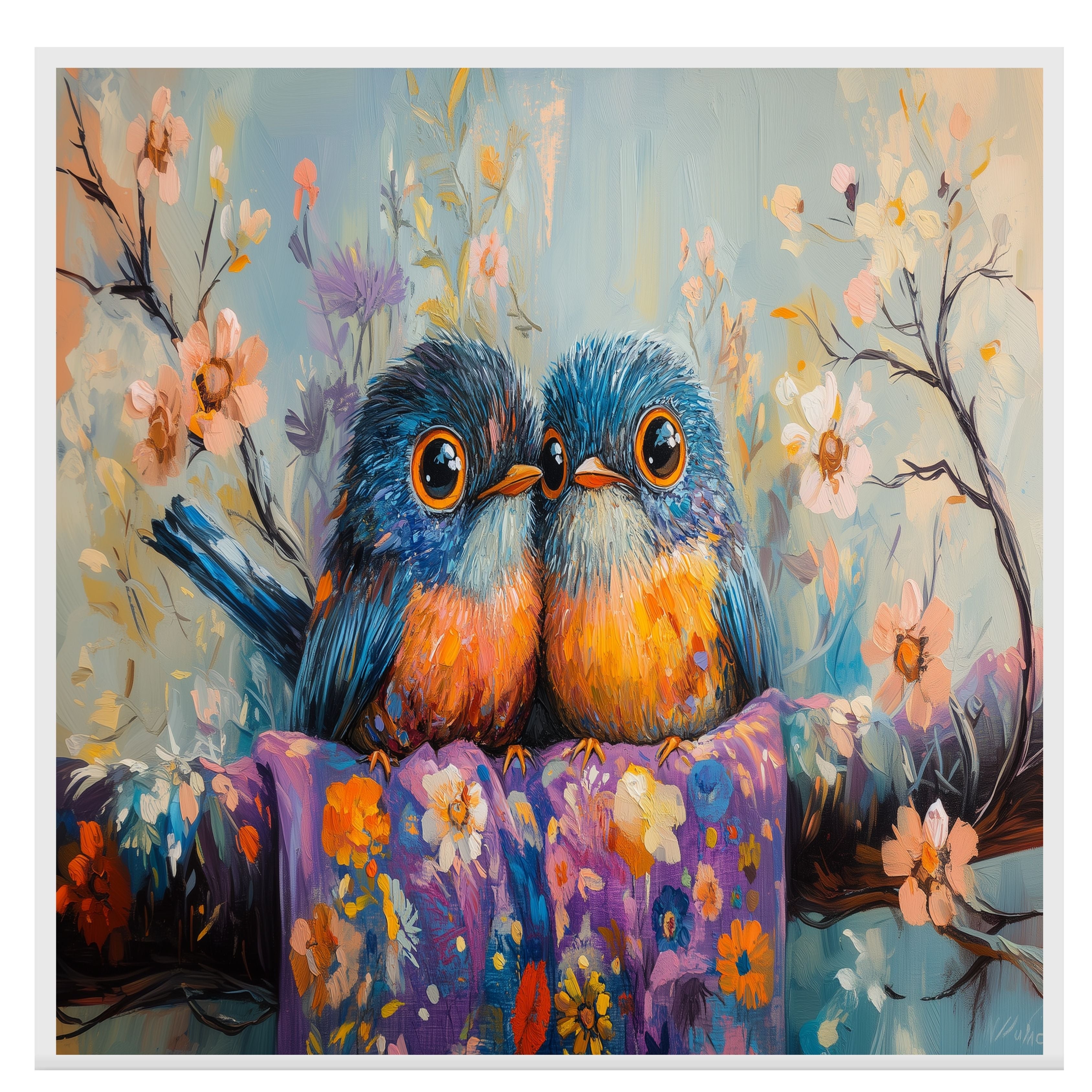 Painting of Two Colorful Plump Birds Sitting Close Together on a Flower Covered Branch with Bright Feathers and Big Eyes in a Playful Springtime Floral Scene on Ready to Hang 1.5" Thick Canvas Wrap, Floating Framed Canvas, Flat Rolled Canvas