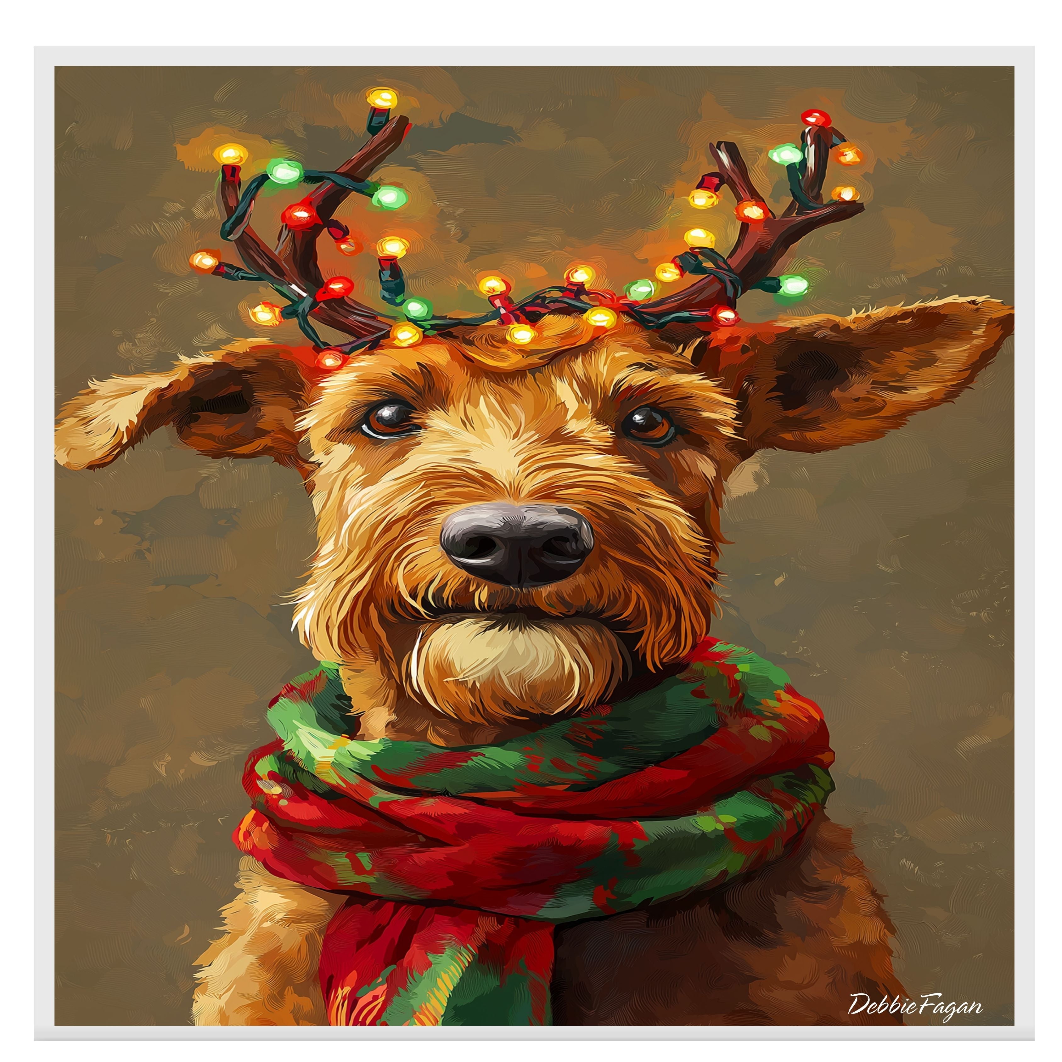 Airedale Christmas Glow - 'Yuletide Antlers' - Airedale Dog with Lighted Antlers and Festive Scarf on Rustic Canvas, Ready to Hang 1.5" Thick Canvas Wrap, Floating Framed Canvas, Flat Rolled Canvas