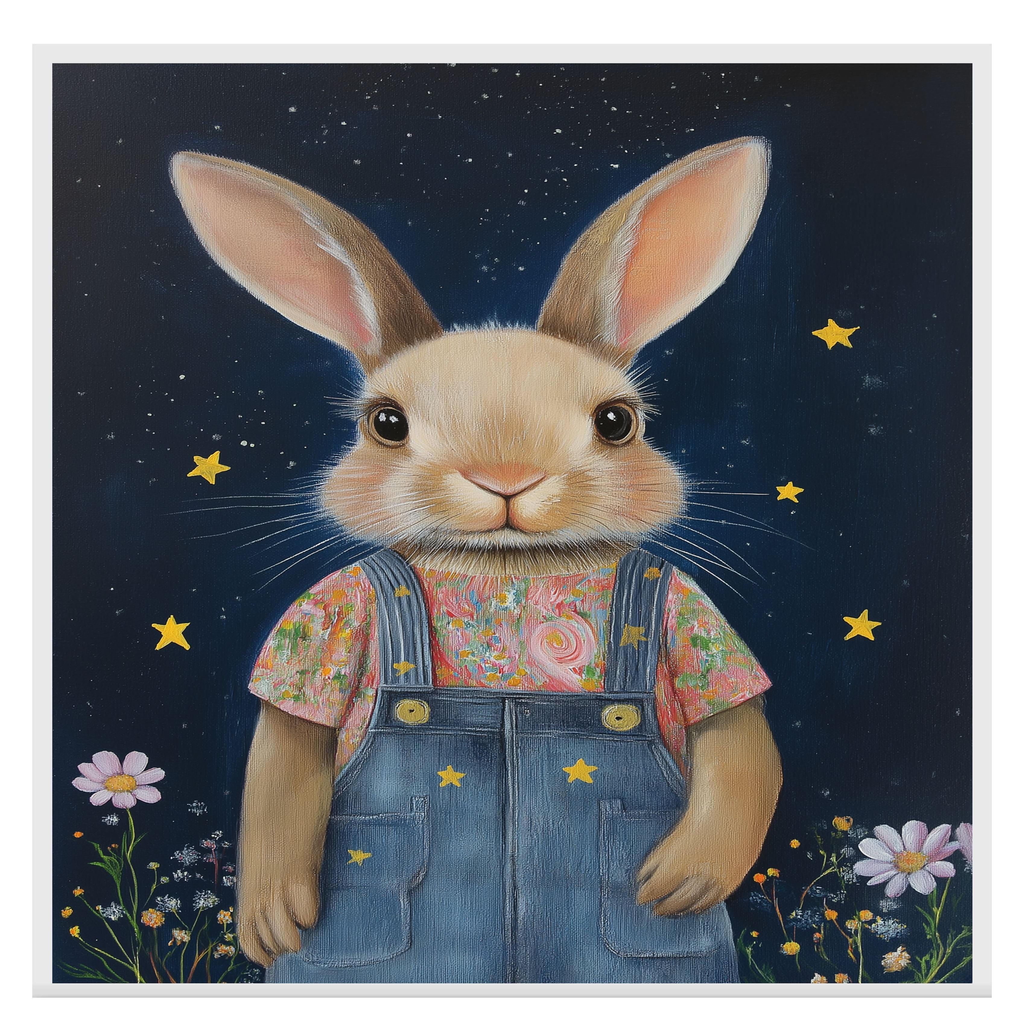 Cute Bunny in Overalls with Floral Shirt Hand Painted Art Whimsical Starry Night Scene Perfect for Home Wall Decor Nursery Kids Room Bedroom or Gift on Ready to Hang 1.5" Thick Canvas Wrap, Floating Framed Canvas, Flat Rolled Canvas
