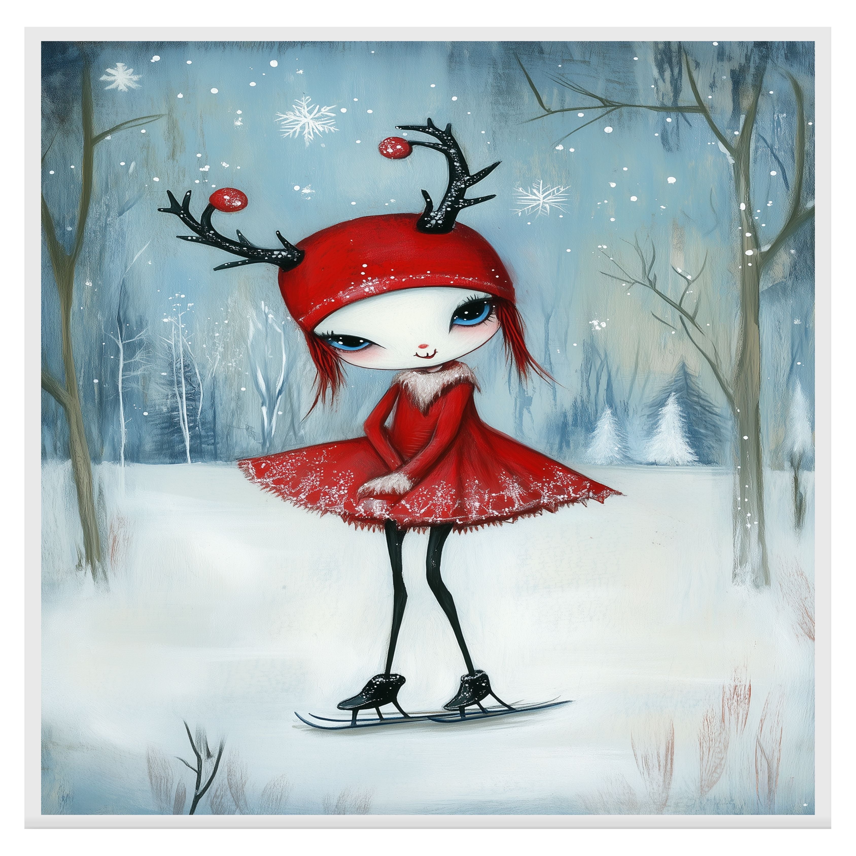 Whimsical Christmas Girl Ice Skating in Red Antler Hat and Dress Cute Fantasy Winter Art Print or Canvas for Holiday Decor and Collectors on Ready to Hang 1.5" Thick Canvas Wrap, Floating Framed Canvas, Flat Rolled Canvas