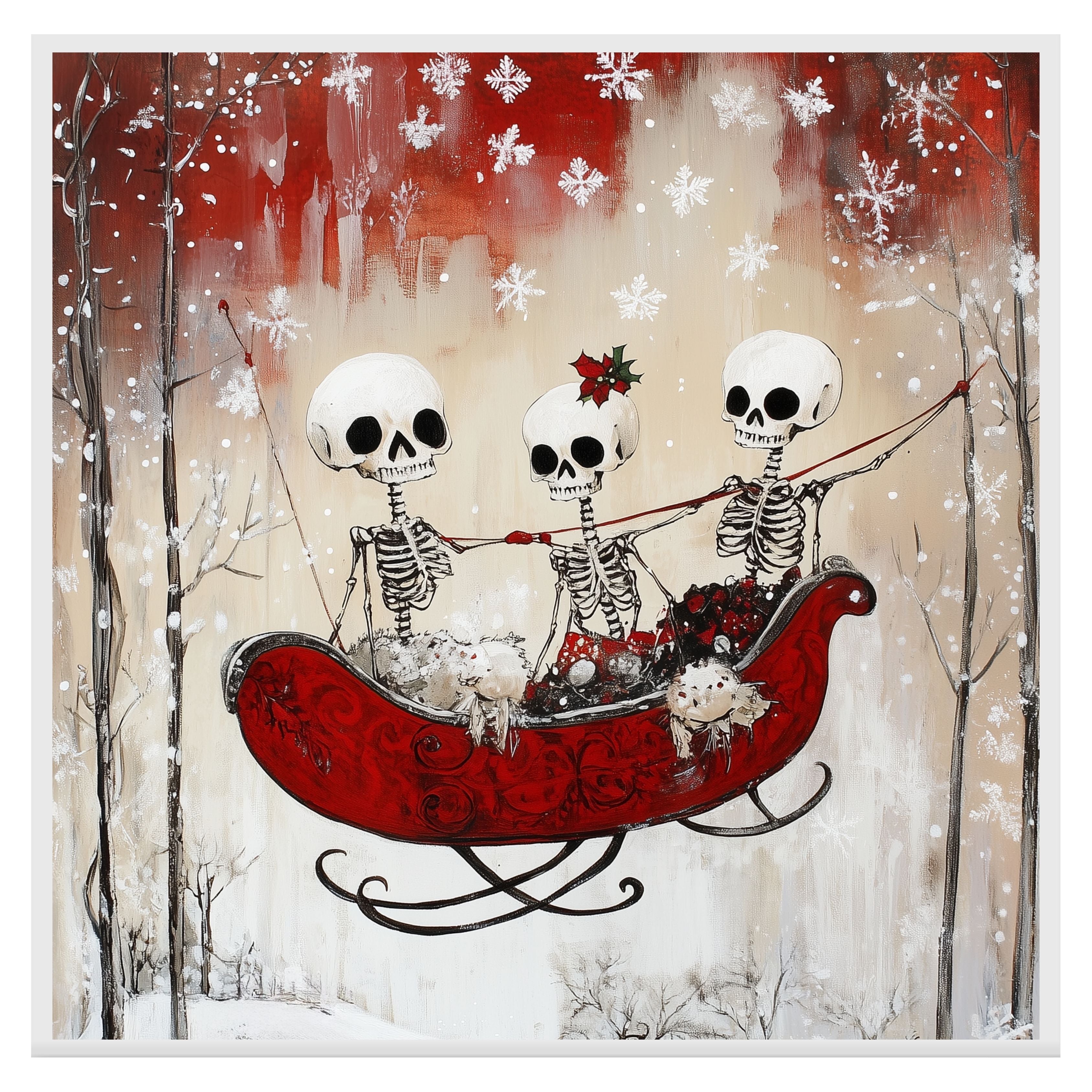 Whimsical Skeleton Sleigh Ride Christmas Art Print – Gothic Winter Wonderland Wall Decor with Skeleton Friends, Red Sleigh, Snowy Trees & Holiday Florals on Ready to Hang 1.5" Thick Canvas Wrap, Floating Framed Canvas, Flat Rolled Canvas