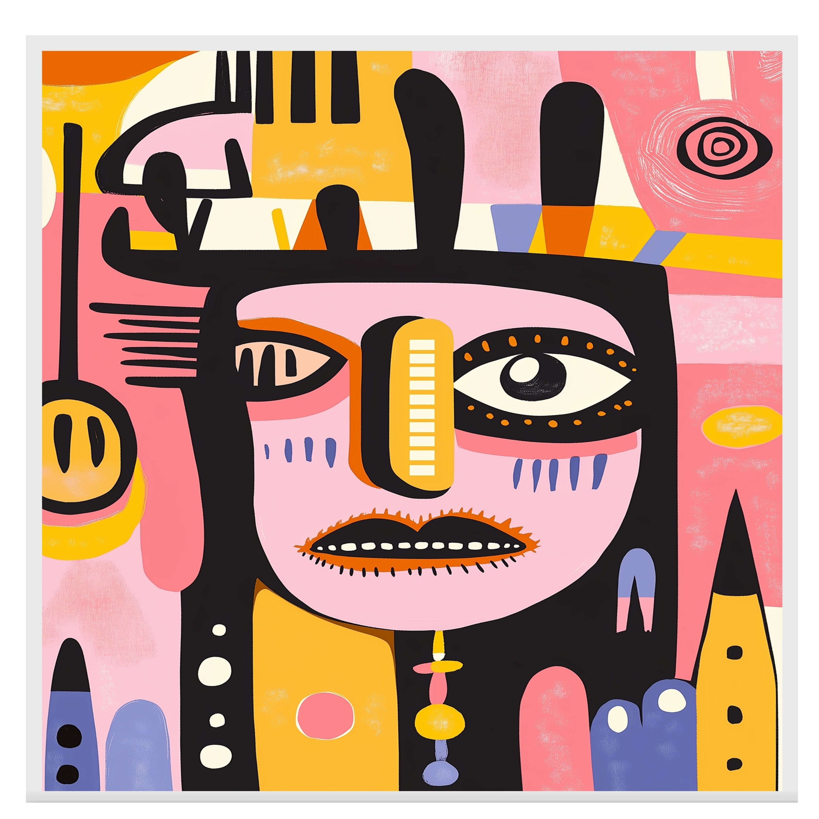 Bold Abstract Face Illustration with Pink and Yellow Tones in Mid-Century Modern and Tribal Pop Art Style on Ready to Hang 1.5" Thick Canvas Wrap, Floating Framed Canvas, Flat Rolled Canvas