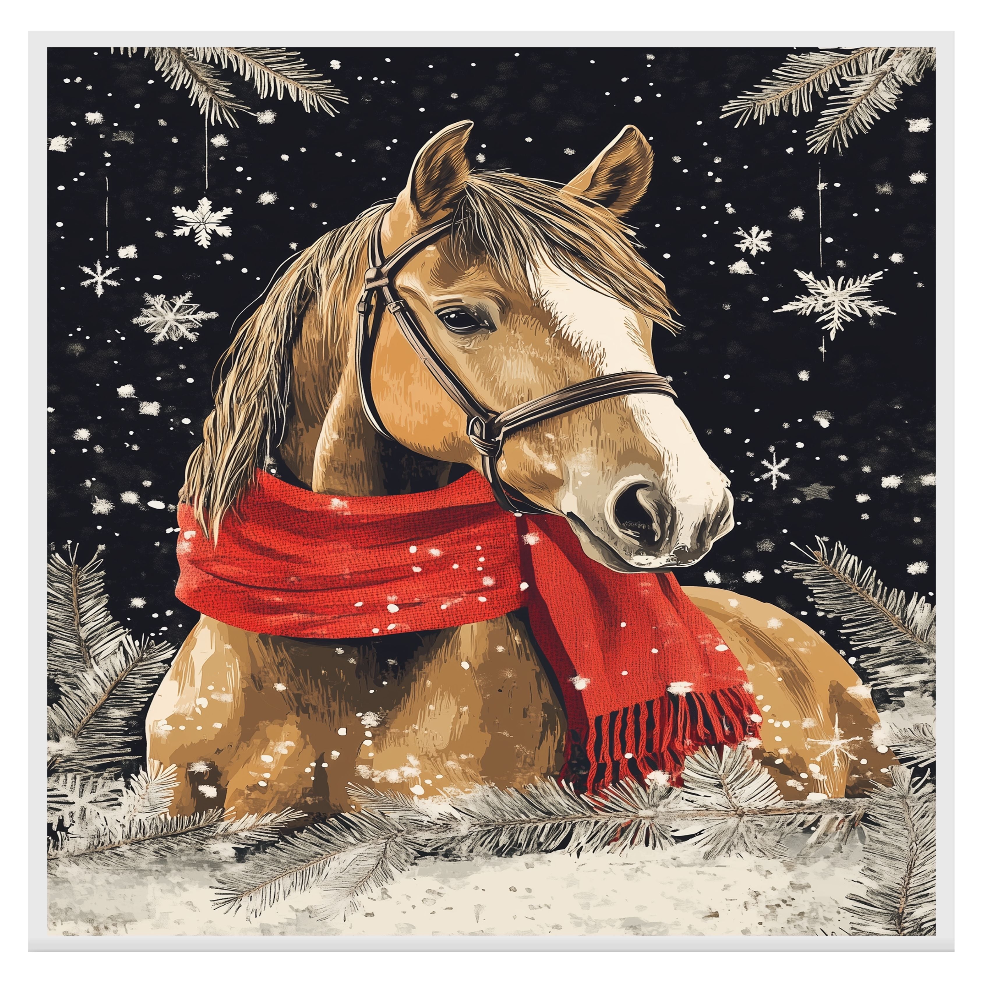 "Frosted Grace Horse" - Horse in Red Scarf Standing in Snowy Winter Scene on Ready to Hang 1.5" Thick Canvas Wrap, Floating Framed Canvas, Flat Rolled Canvas