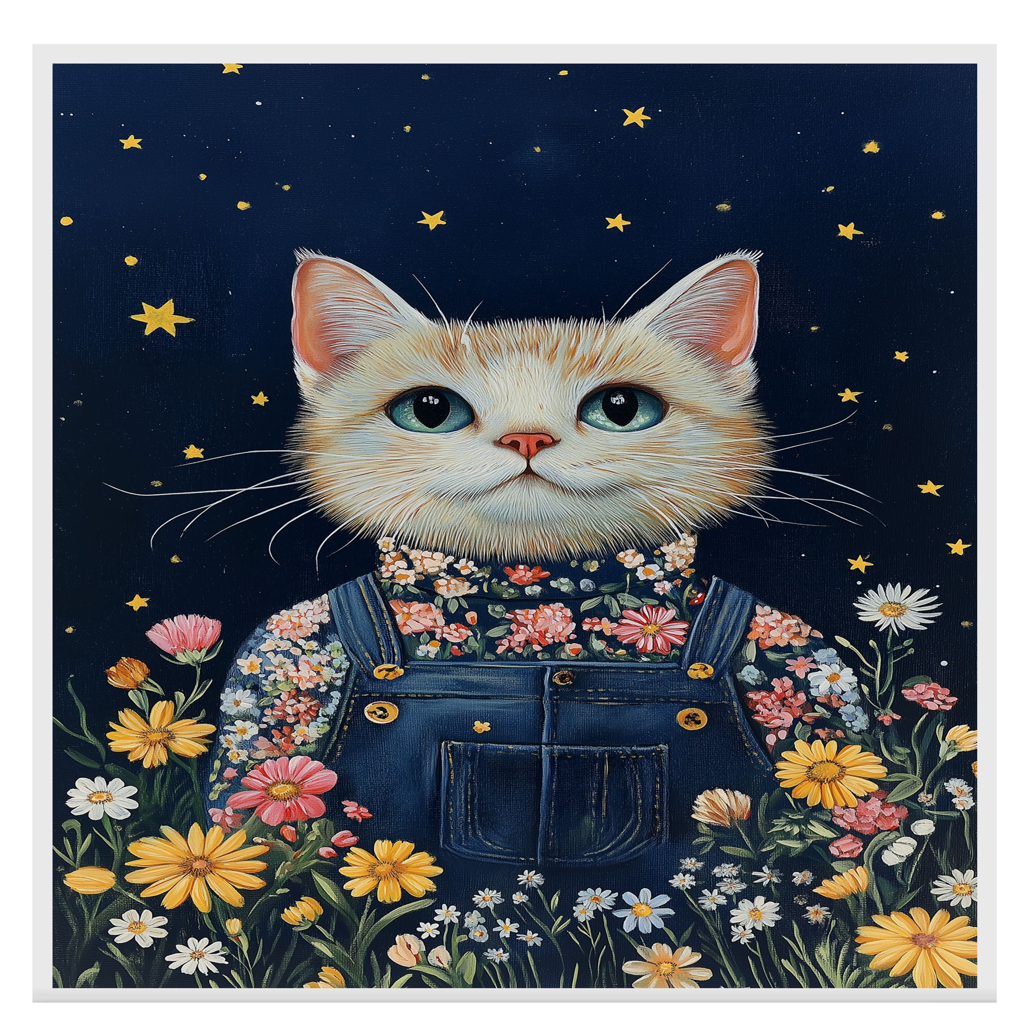 Charming White Cat in Floral Overalls Hand Painted Art Magical Starry Night Scene Perfect for Nursery Kids Room Home Wall Decor Bedroom or Animal Lovers Gift on Ready to Hang 1.5" Thick Canvas Wrap, Floating Framed Canvas, Flat Rolled Canvas