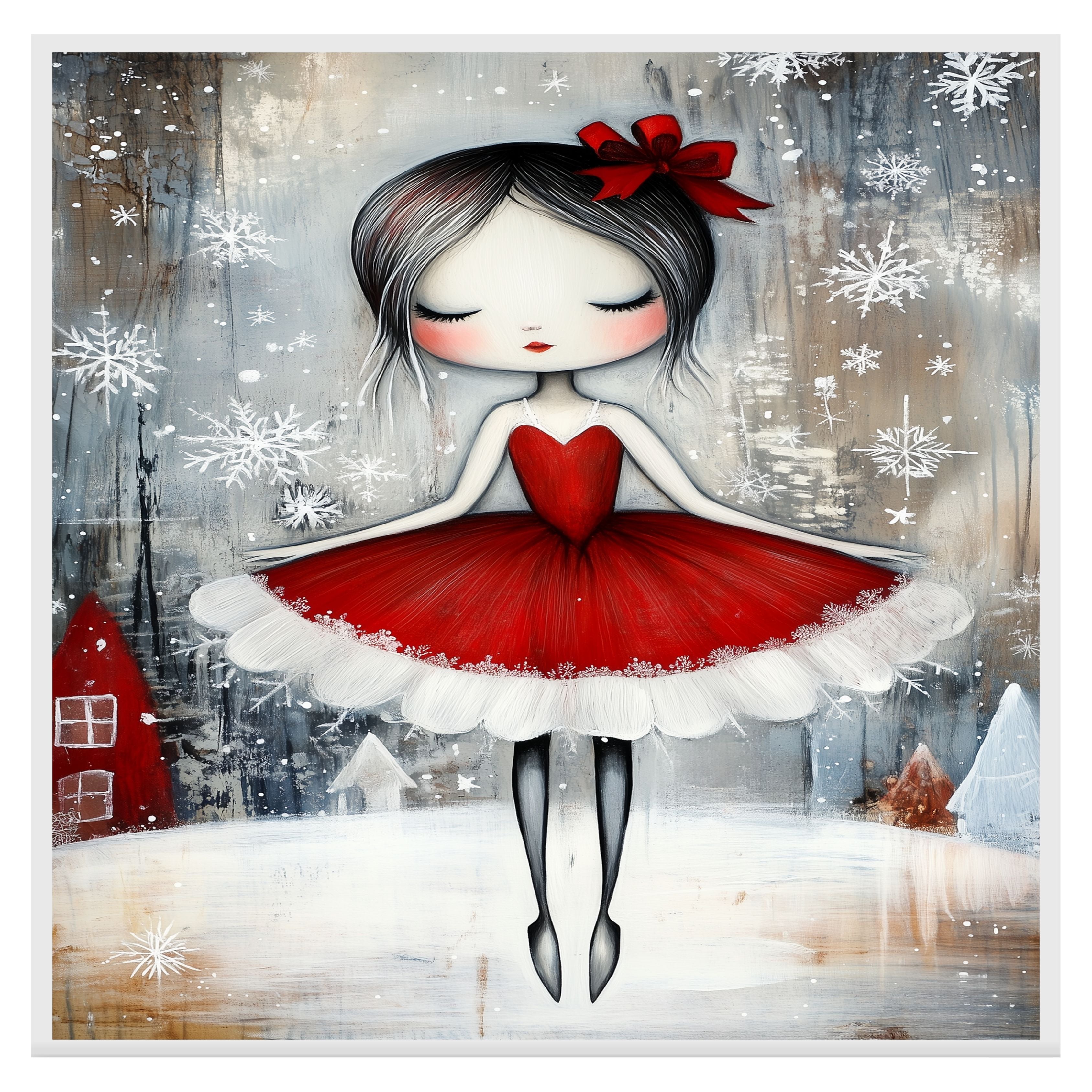 Whimsical Christmas Ballerina in Red Dress Snowy Ballet Dancer Wall Art, Winter Holiday Girl Illustration, Festive Nursery or Ballet Lover Decor Print on Ready to Hang 1.5" Thick Canvas Wrap, Floating Framed Canvas, Flat Rolled Canvas