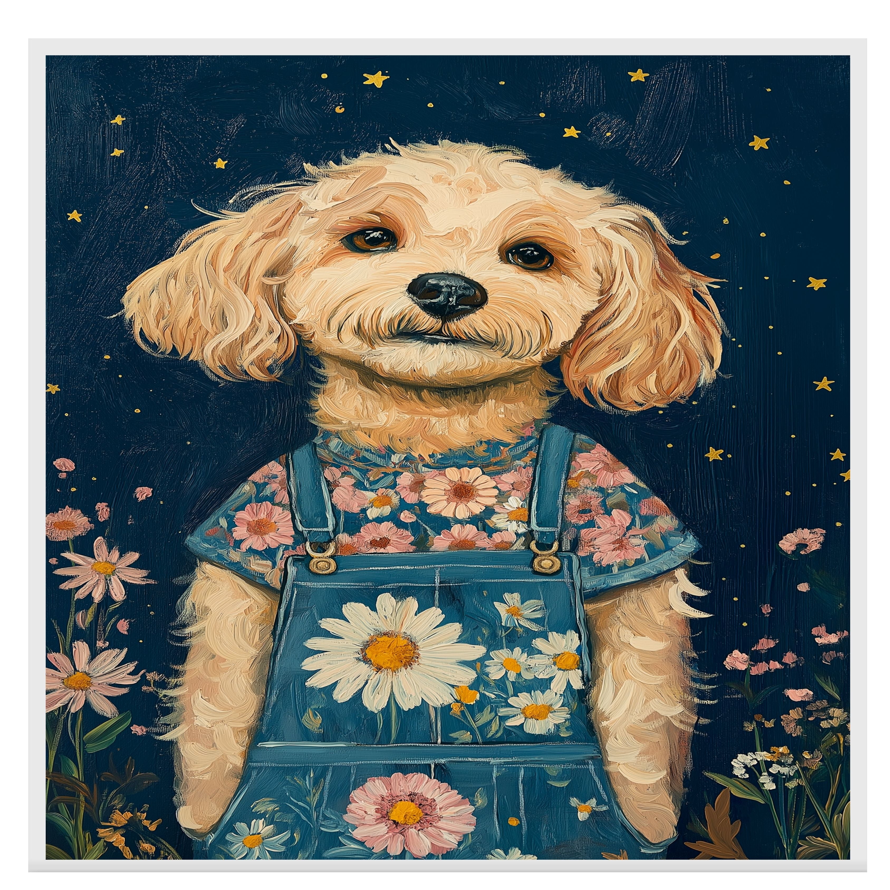 Charming Dog in Overalls with Floral Shirt Whimsical Animal Art for Nursery Rustic Farmhouse Decor Cute Dog Lover Gift Wall Print for Bedroom or Living Room on Ready to Hang 1.5" Thick Canvas Wrap, Floating Framed Canvas, Flat Rolled Canvas