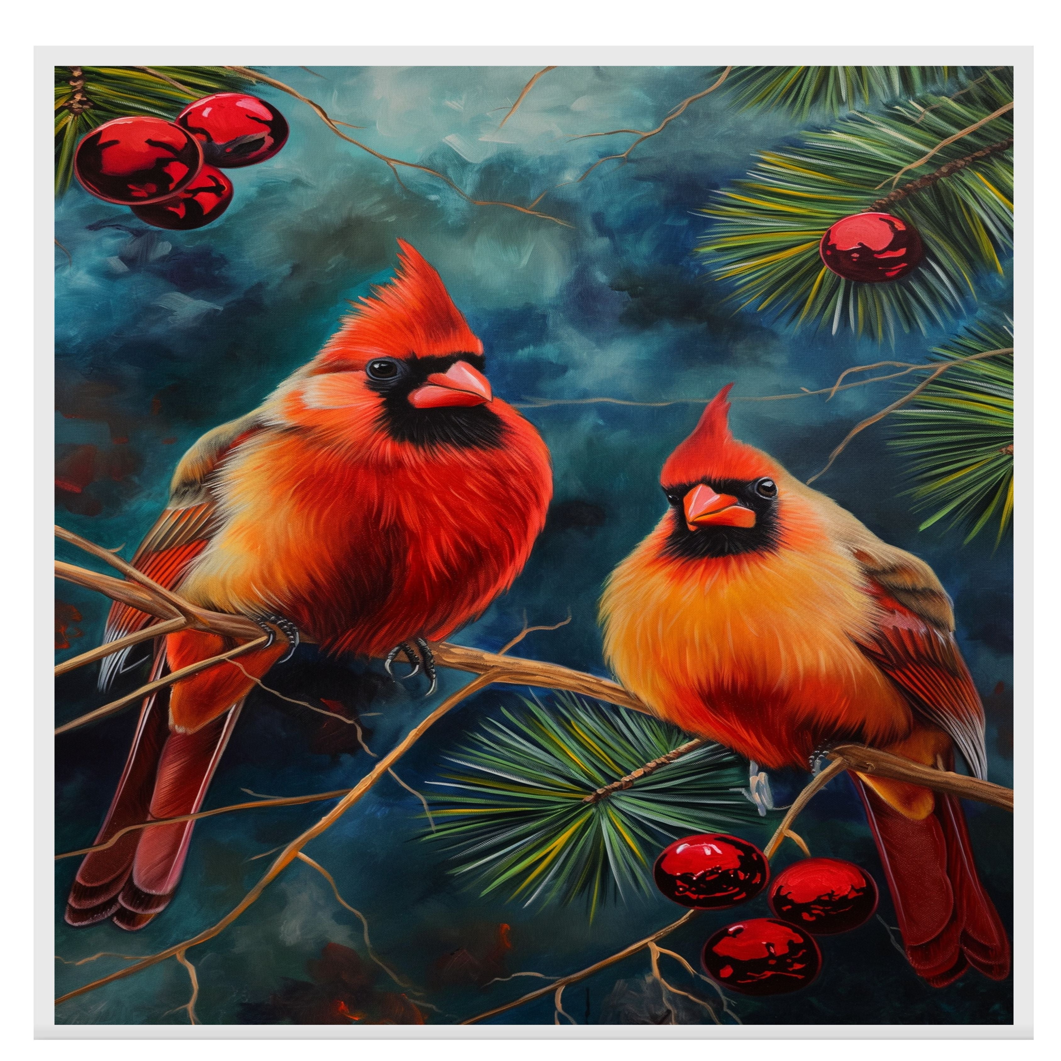 Christmas Cardinals on Pine Branch – Festive Red Birds with Ornaments in a Vibrant Winter Scene Painting Perfect for Seasonal and Nature-Inspired Displays on Ready to Hang 1.5" Thick Canvas Wrap, Floating Framed Canvas, Flat Rolled Canvas