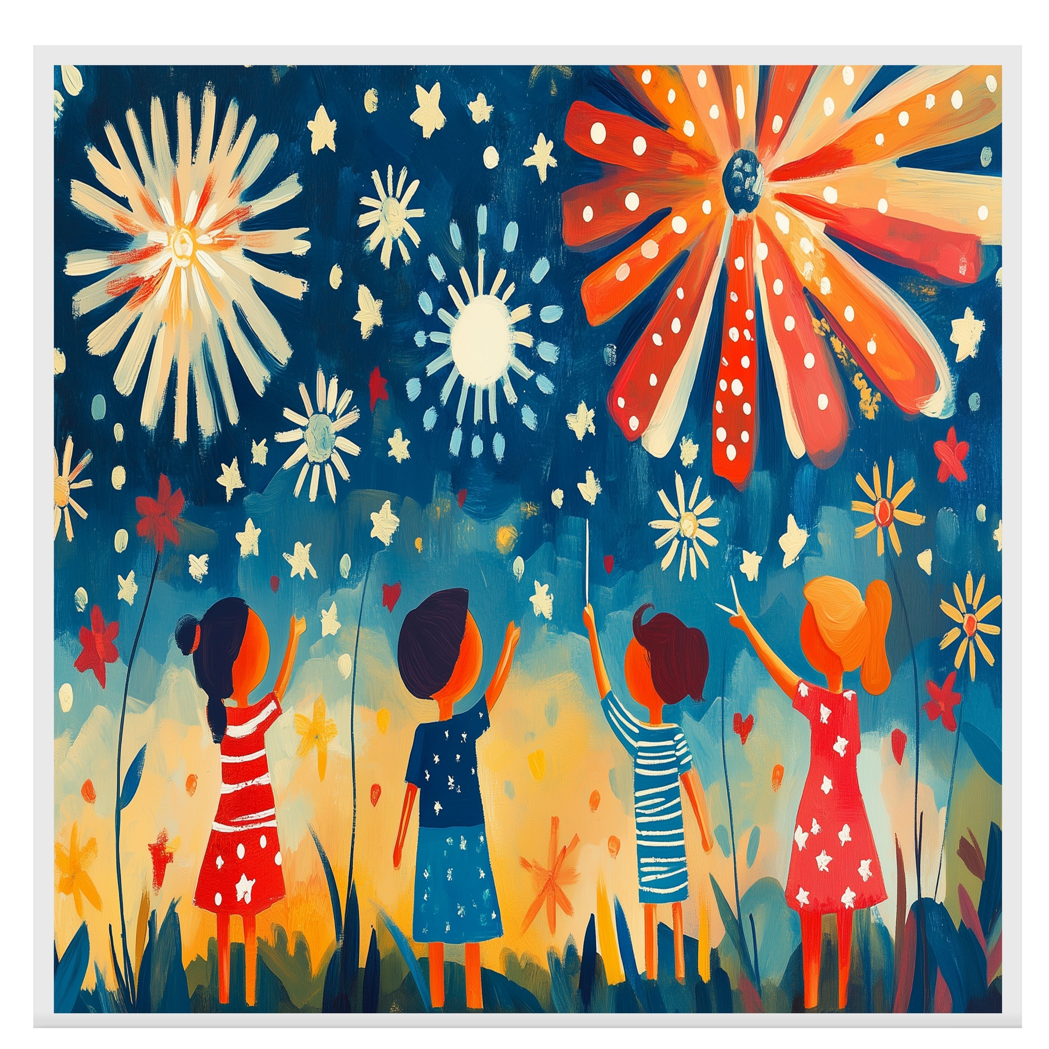 Whimsical Folk Art of Children Watching Fireworks on 4th of July Night, Playful Patriotic Scene with Stars, Bursts of Color, and Red, White, and Blue Outfits on Ready to Hang 1.5" Thick Canvas Wrap, Floating Framed Canvas, Flat Rolled Canvas