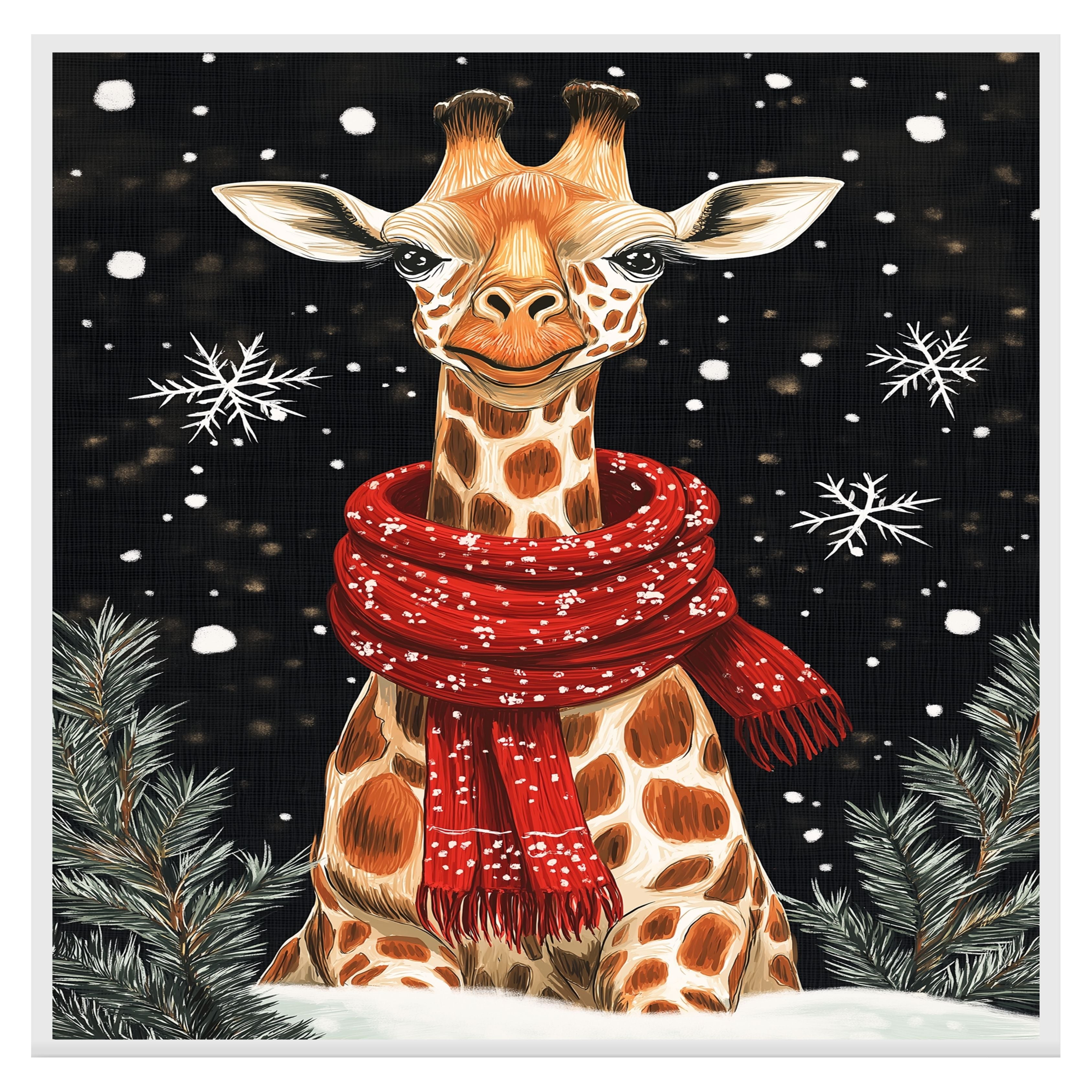 "Snowy Grace Giraffe" - Giraffe in Red Scarf Standing in Snow on Ready to Hang 1.5" Thick Canvas Wrap, Floating Framed Canvas, Flat Rolled Canvas