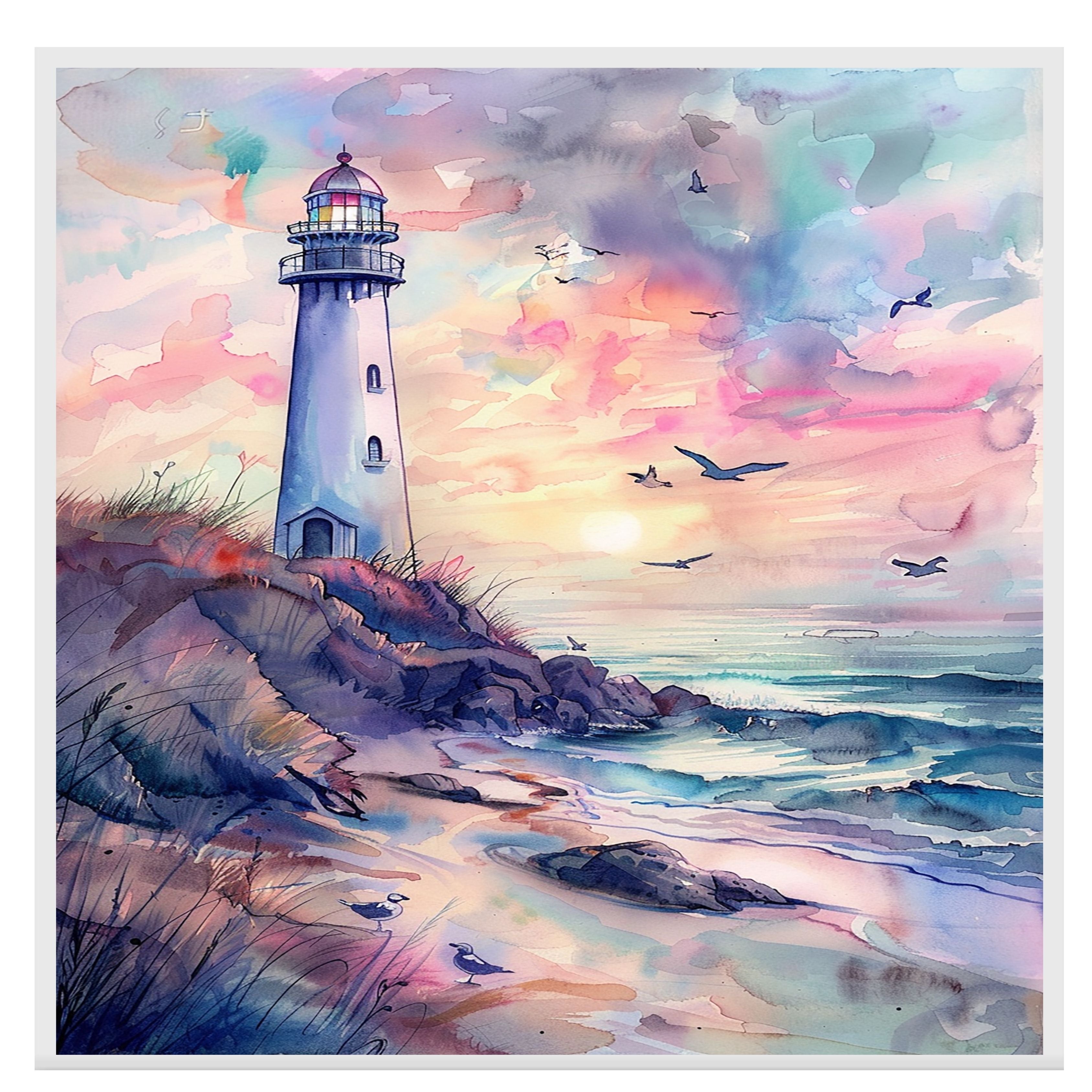 Elegant Lighthouse on Coastal Cliff with Pastel Sunset Sky and Ocean Waves in Soothing Watercolor Seaside Painting on Ready to Hang 1.5" Thick Canvas Wrap, Floating Framed Canvas, Flat Rolled Canvas
