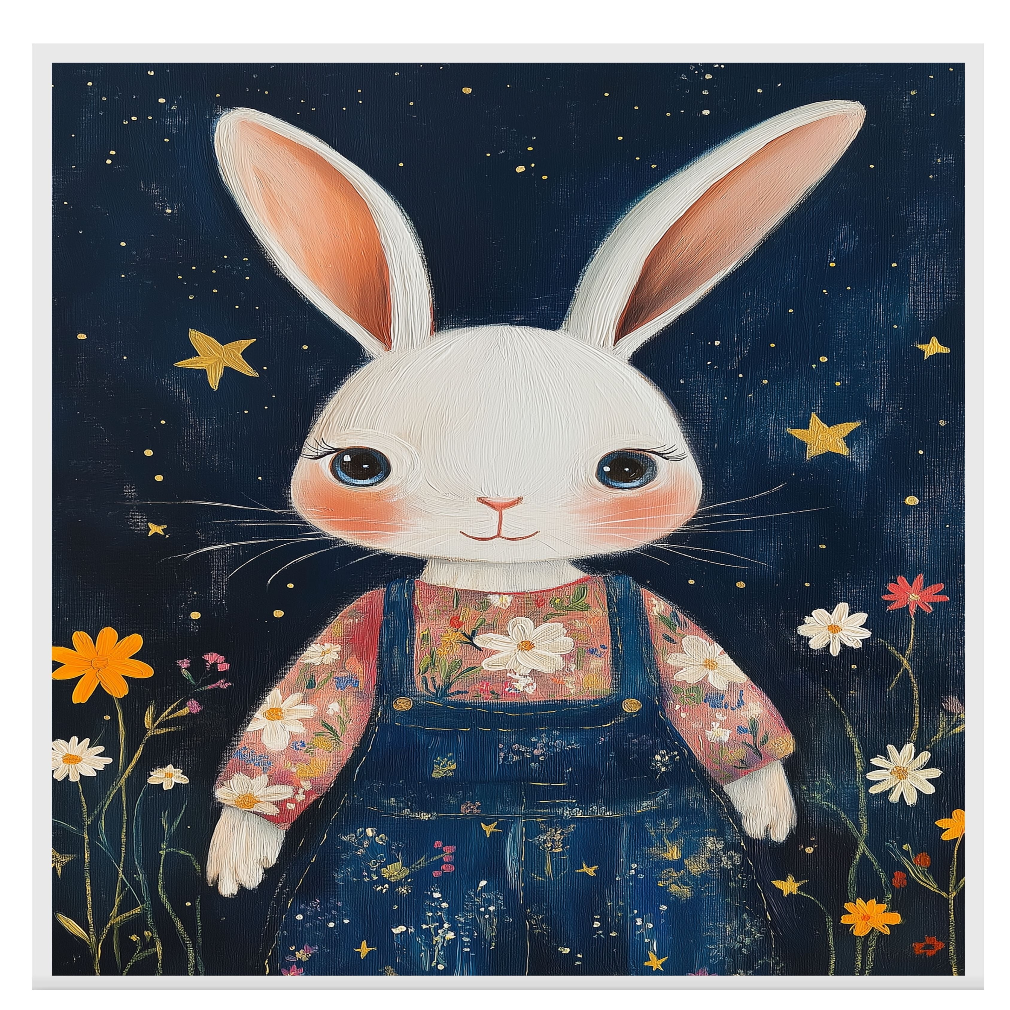 Adorable White Bunny in Floral Shirt and Overalls Hand Painted Art Whimsical Night Sky Scene Perfect for Nursery Kids Room Wall Decor Bedroom or Gift on Ready to Hang 1.5" Thick Canvas Wrap, Floating Framed Canvas, Flat Rolled Canvas