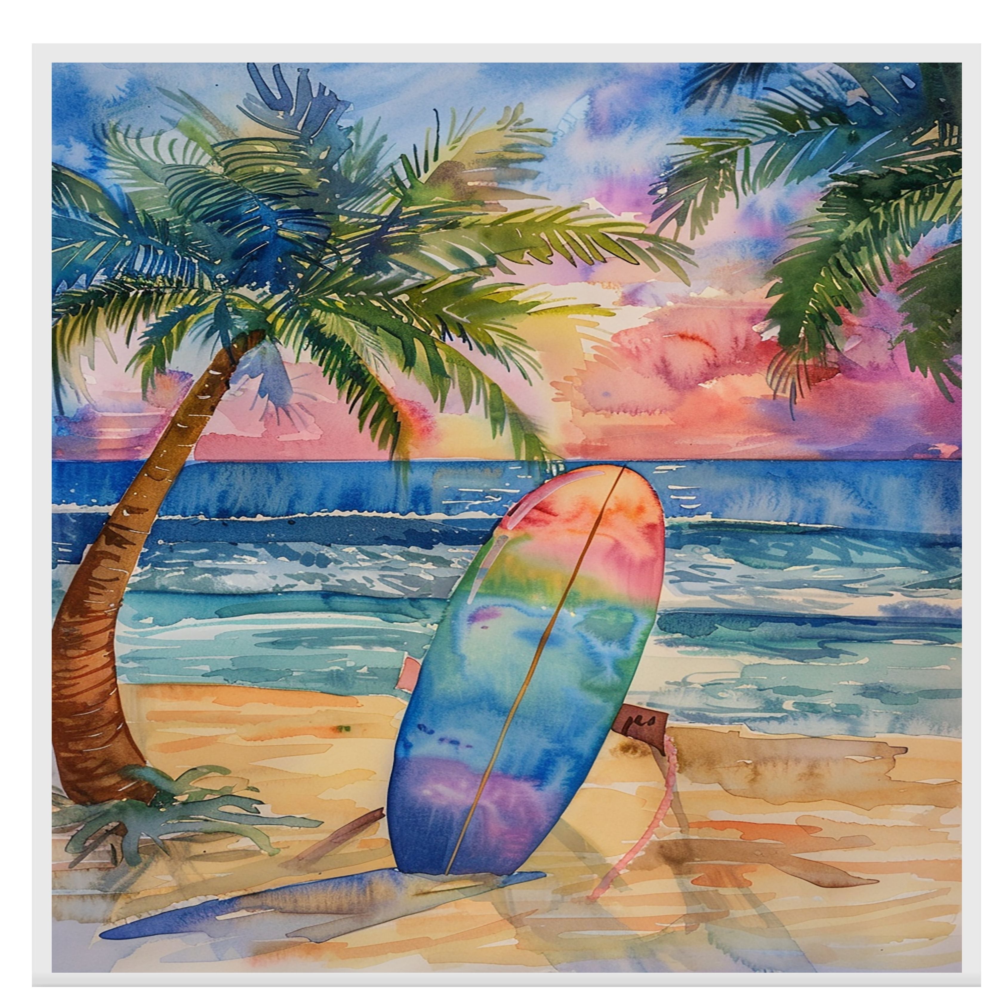 Watercolor Painting of a Colorful Surfboard on Beach at Sunset with Palm Trees on Ready to Hang 1.5" Thick Canvas Wrap, Floating Framed Canvas, Flat Rolled Canvas